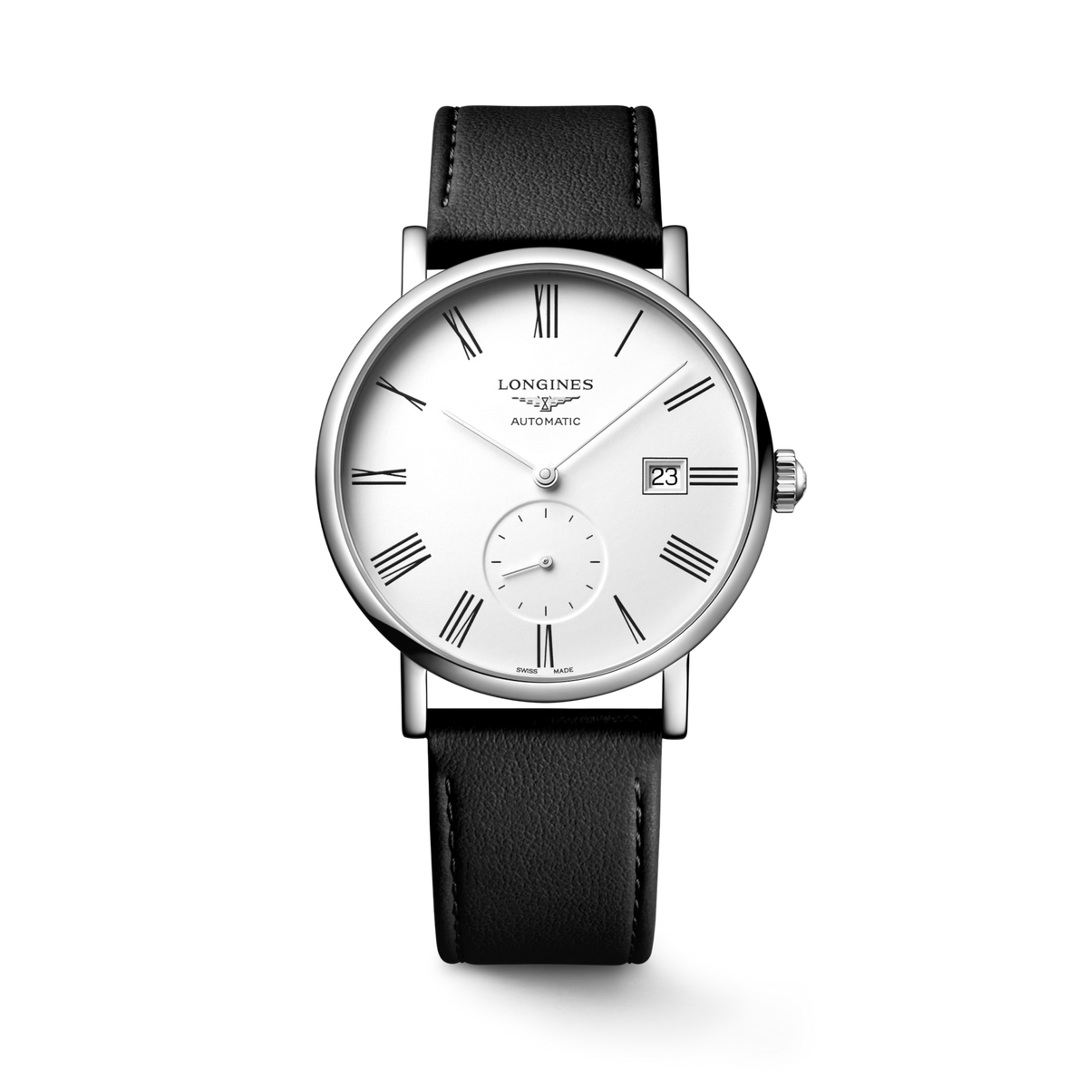 [SIMCHA-STANDALONE:L4.812.4.11.0:02] Longines Elegant Collection 39mm Automatic Silver Dial Black Leather Strap Watch – front view