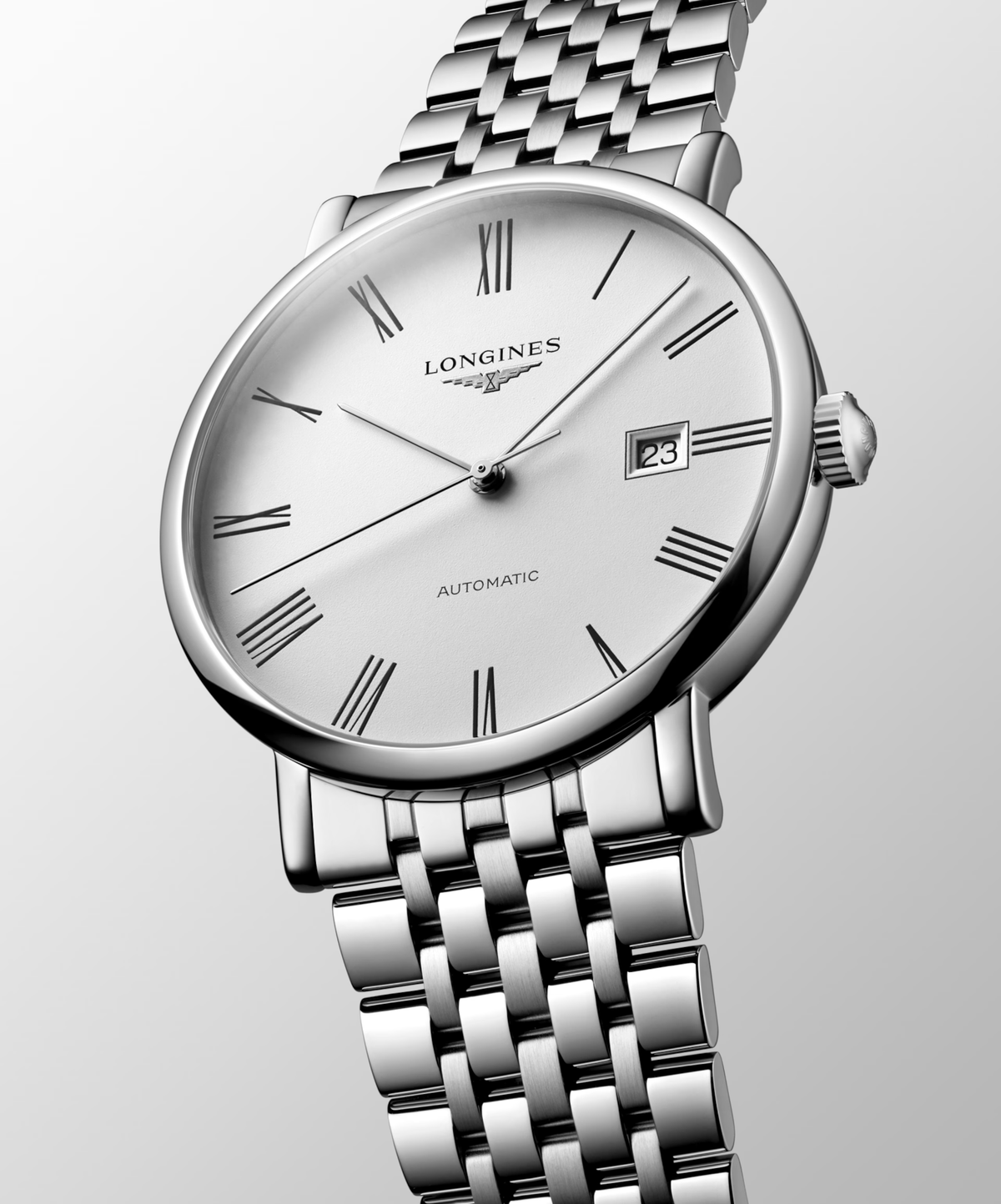 [SIMCHA-STANDALONE:L4.911.4.11.6:05] Longines Elegant Collection 41mm Automatic Silver Dial Steel Bracelet Watch – front view