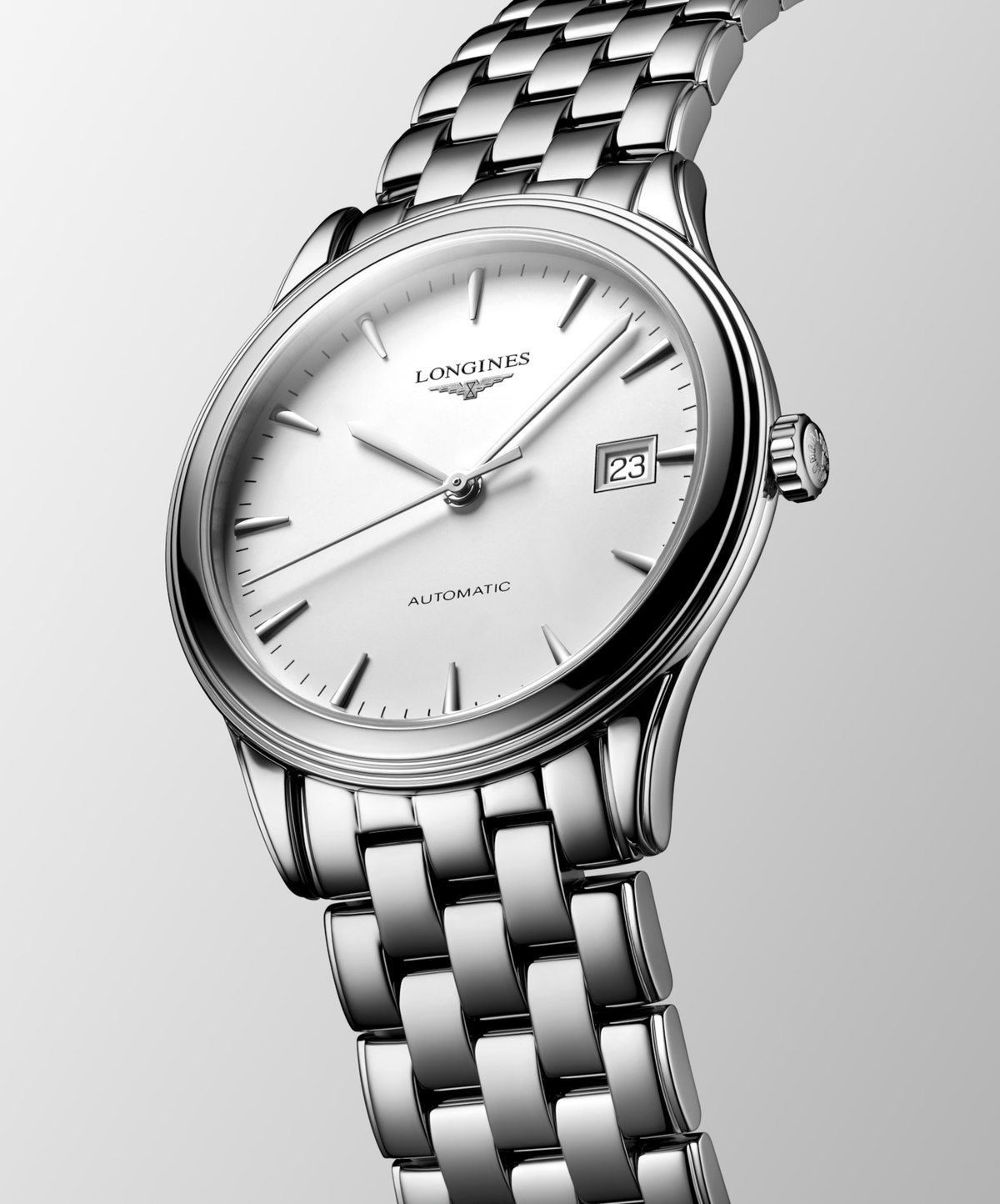 [SIMCHA-STANDALONE:L4.974.4.12.6:04] Longines Flagship Classic 38.5mm Automatic Silver Dial Steel Bracelet Watch – front view
