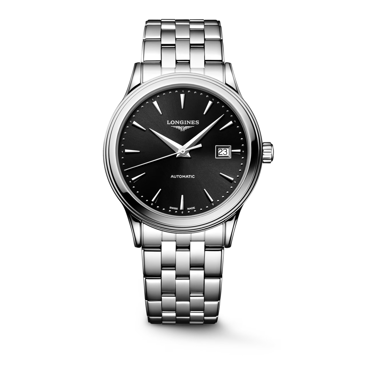 Longines Flagship Classic 40mm Automatic Black Dial Steel Bracelet Watch – front view