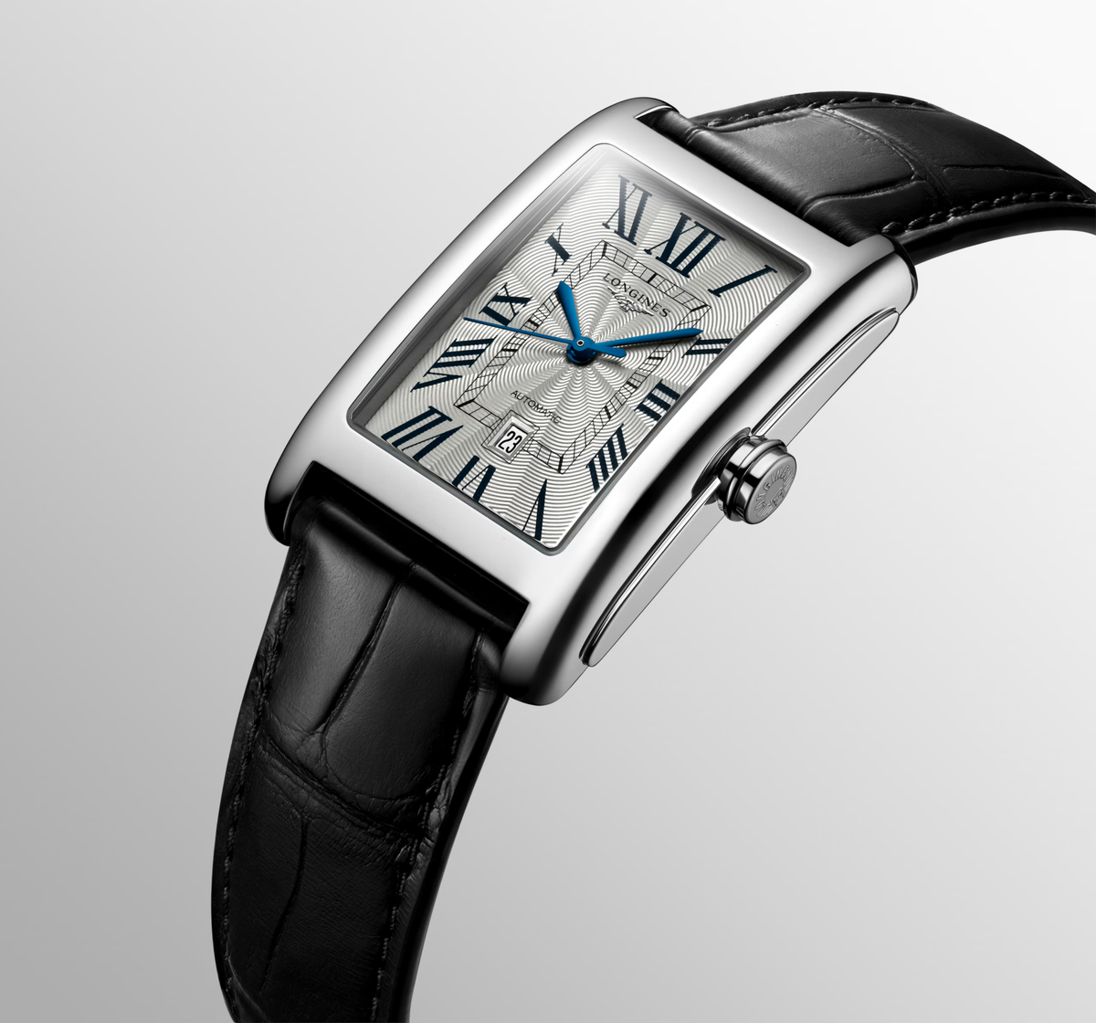 Longines DolceVita 27.70 x 43.80mm Automatic Silver "flinqué" Dial Black Alligator Strap Watch