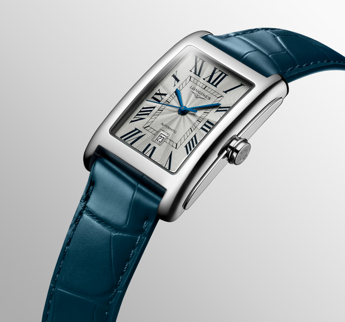Longines DolceVita 27.70 x 43.80mm Automatic Silver "flinqué" Dial Blue Alligator Strap Watch