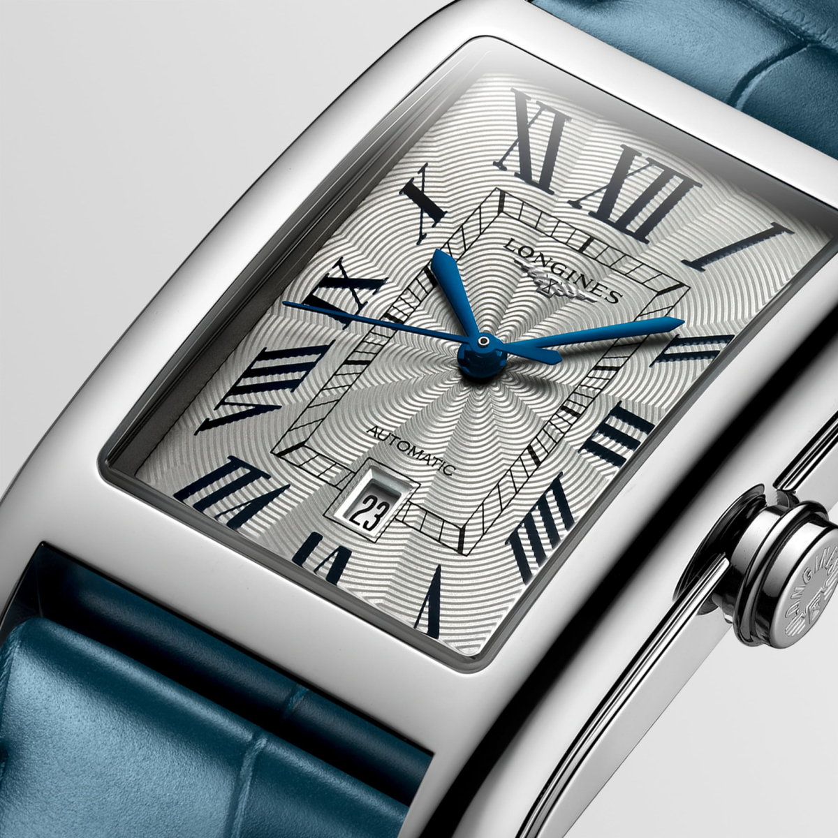 Longines DolceVita 27.70 x 43.80mm Automatic Silver "flinqué" Dial Blue Alligator Strap Watch
