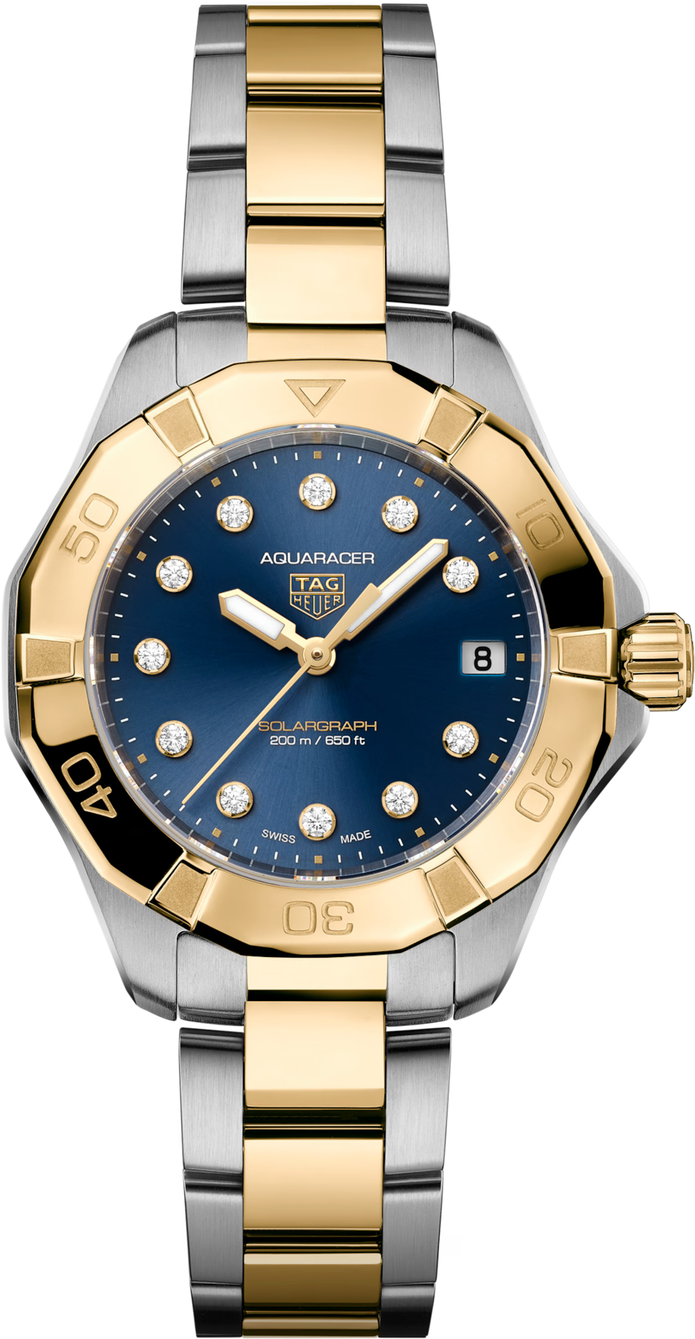 TAG Heuer Aquaracer 34mm Solargraph Blue Sunray brushed Dial Silver & gold Steel plated Watch