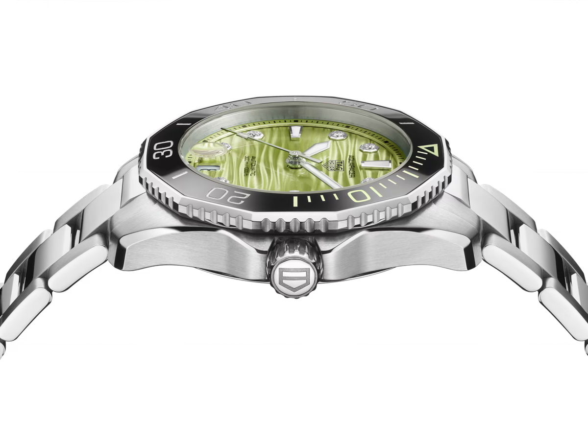 TAG Heuer Aquaracer 36mm Automatic Green Lacquered Applied Dial Silver Steel Watch