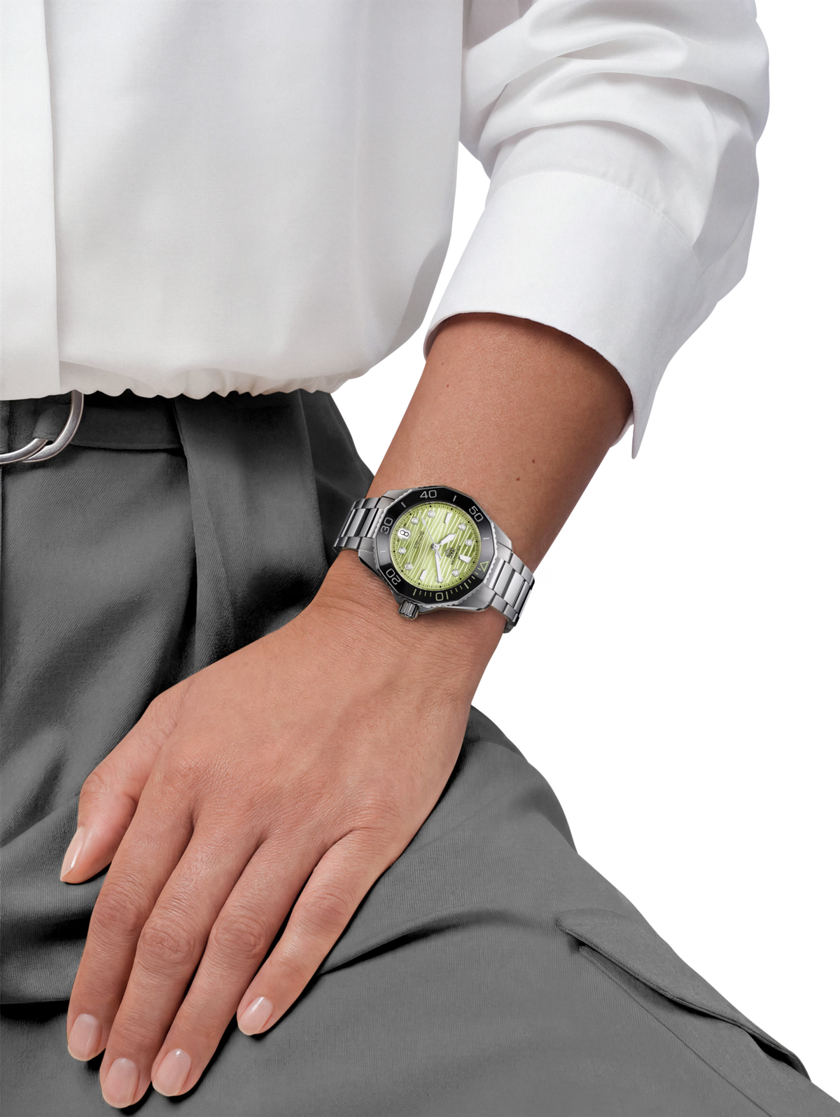 TAG Heuer Aquaracer 36mm Automatic Green Lacquered Applied Dial Silver Steel Watch