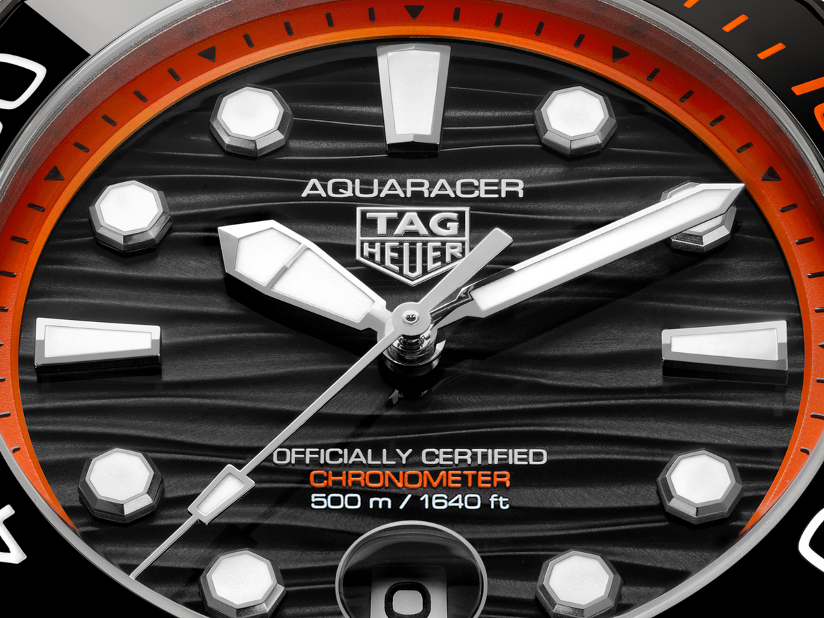 TAG Heuer Aquaracer 42mm Automatic Black & Orange Lacquered Dial Silver Titanium Watch