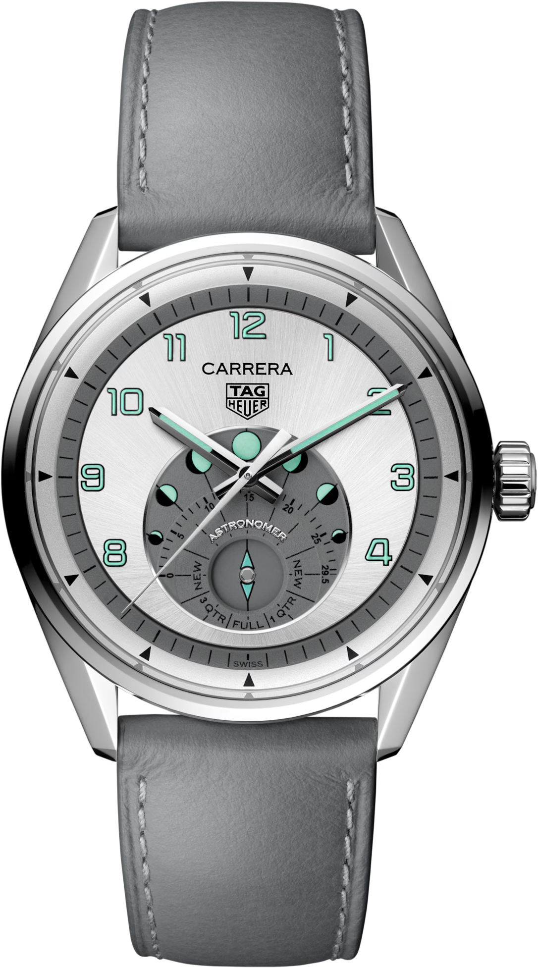 TAG Heuer Carrera 39mm Automatic Silver Sunray brushed Dial Grey Leather Watch
