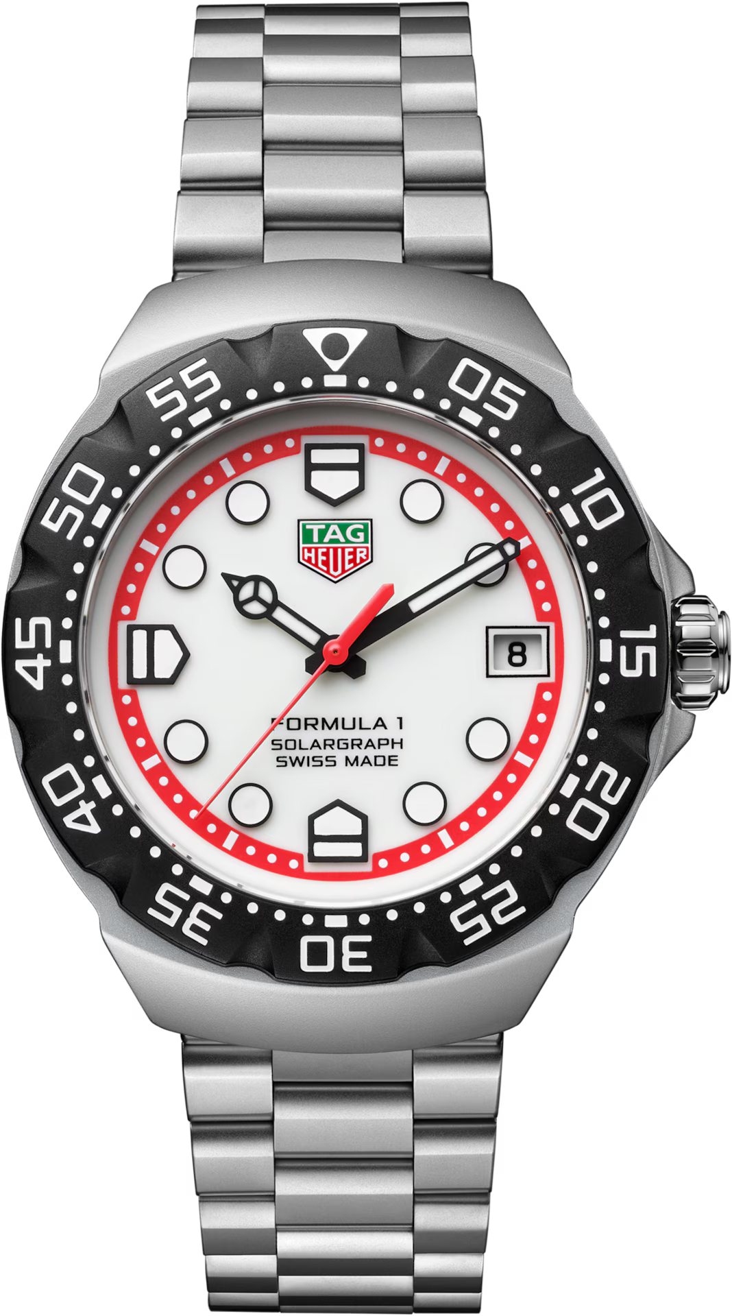 TAG Heuer Formula 1 38mm Solargraph White Opalin Applied Dial Silver Steel Watch