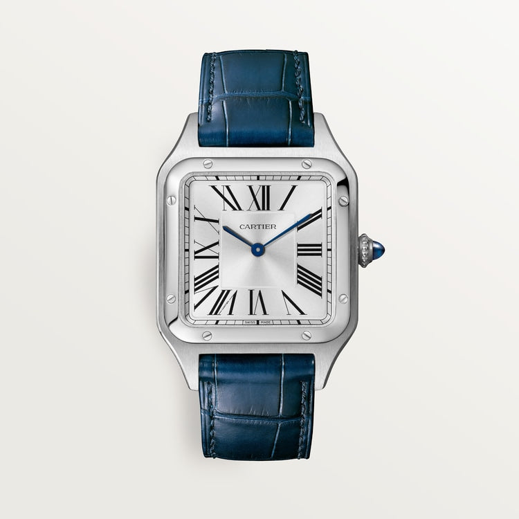 Cartier Santos 43.5 x 31.4mm Quartz silver Dial Blue Alligator and Leather Strap Watch