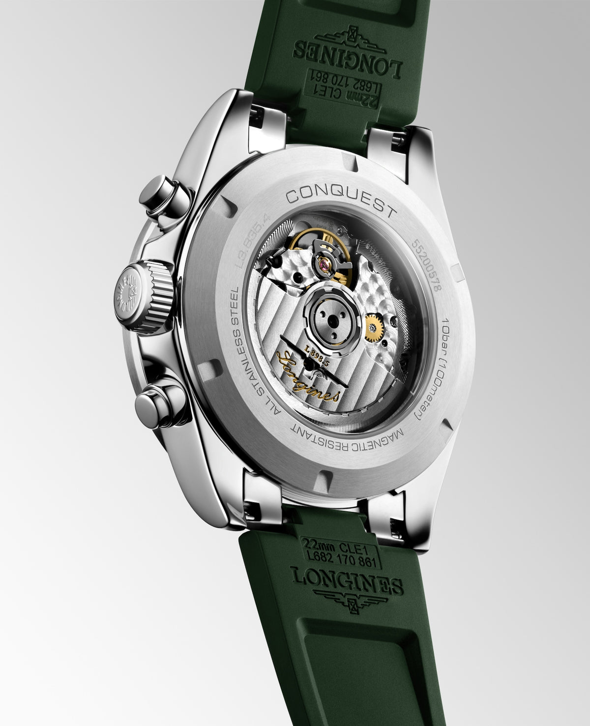[SIMCHA-TOP500:LONGINES:L3.835.4.02.9:05] CONQUEST CHRONOGRAPH L3.835.4.02.9 Automatic, Stainless steel and ceramic bezel, Silver matt with green counters, Strap Watch - Watch back