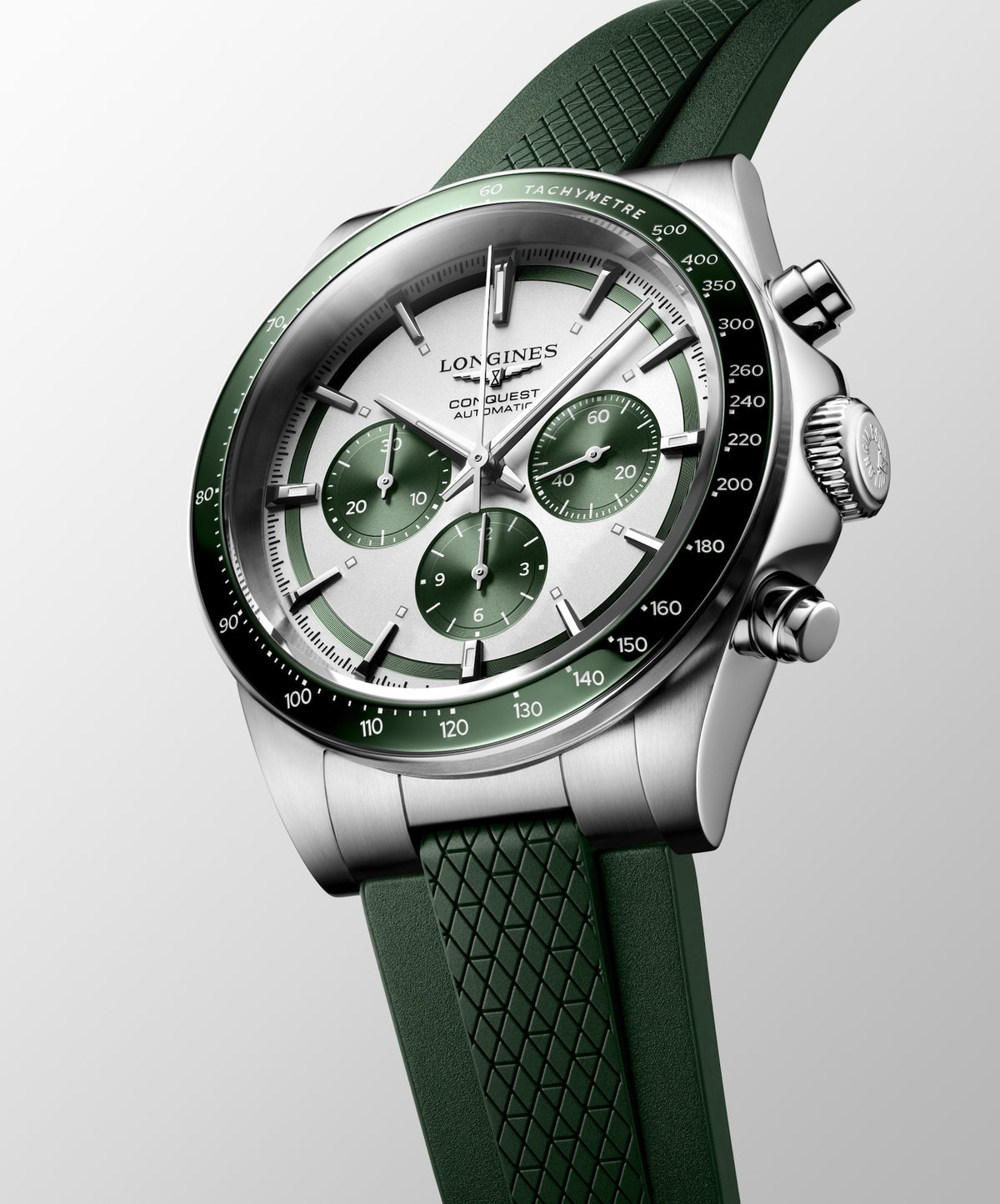 [SIMCHA-TOP500:LONGINES:L3.835.4.02.9:04] CONQUEST CHRONOGRAPH L3.835.4.02.9 Automatic, Stainless steel and ceramic bezel, Silver matt with green counters, Strap Watch - Watch face