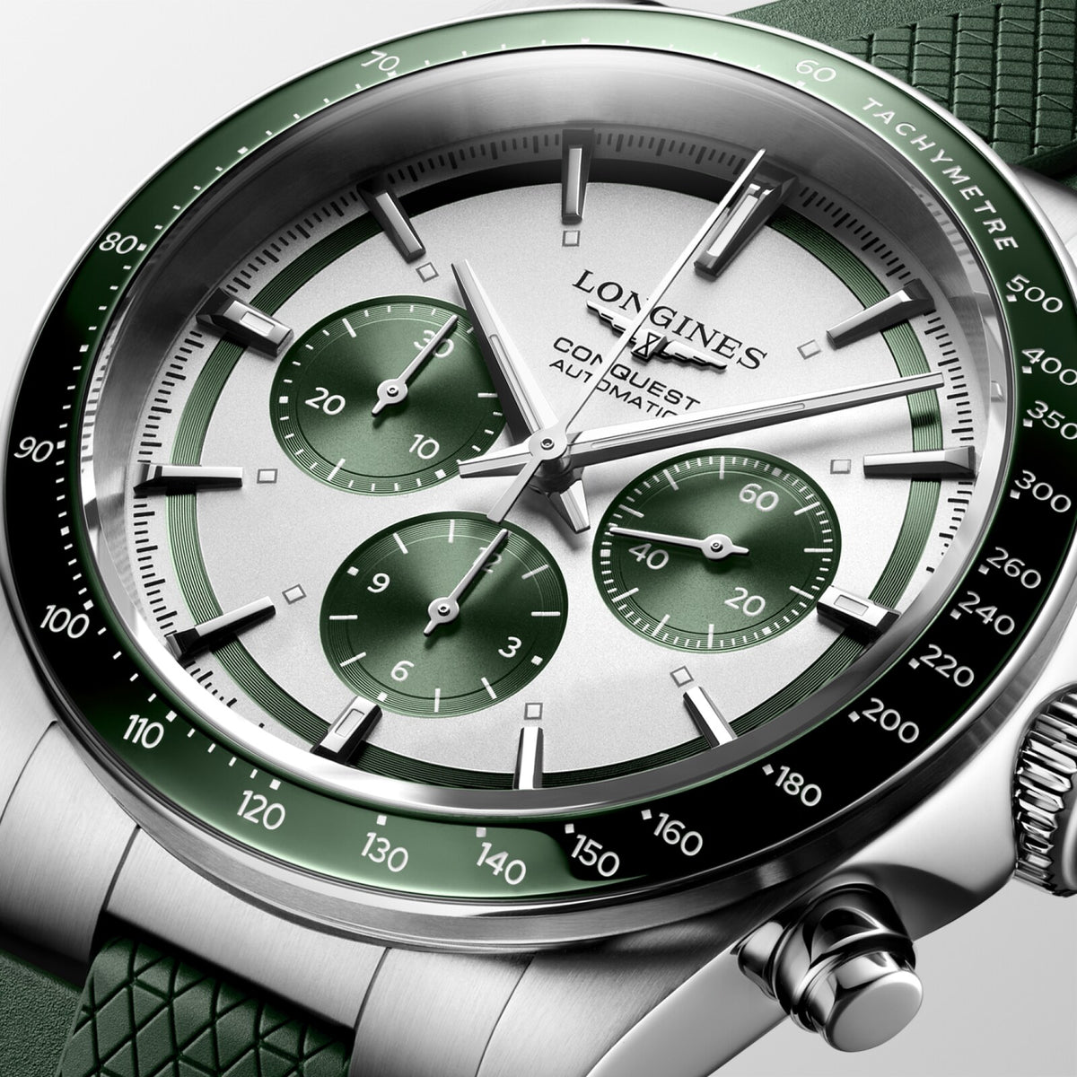 [SIMCHA-TOP500:LONGINES:L3.835.4.02.9:02] CONQUEST CHRONOGRAPH L3.835.4.02.9 Automatic, Stainless steel and ceramic bezel, Silver matt with green counters, Strap Watch - Face close up