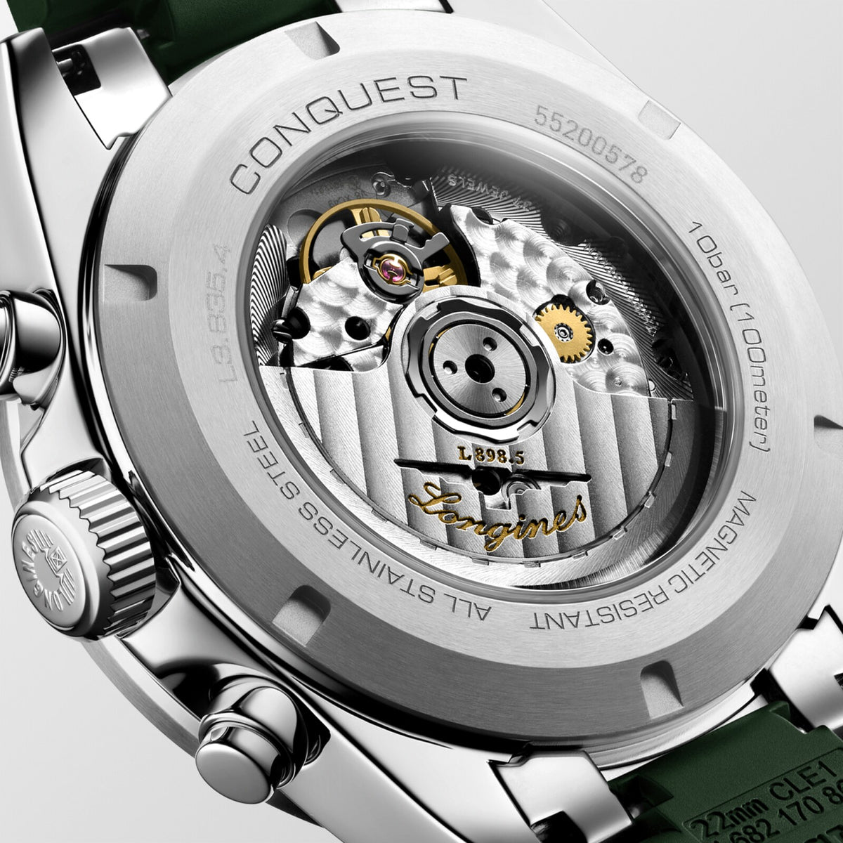 [SIMCHA-TOP500:LONGINES:L3.835.4.02.9:03] CONQUEST CHRONOGRAPH L3.835.4.02.9 Automatic, Stainless steel and ceramic bezel, Silver matt with green counters, Strap Watch - Back close up