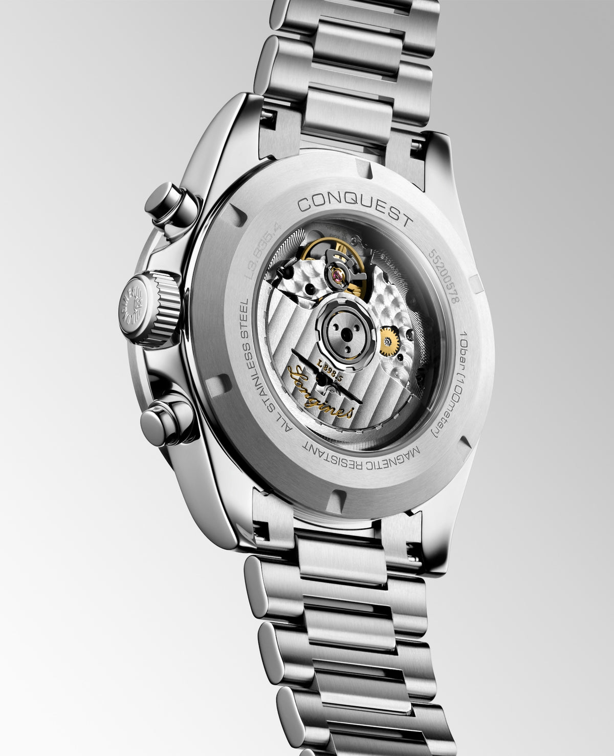 [SIMCHA-TOP500:LONGINES:L3.835.4.32.6:07] CONQUEST CHRONOGRAPH L3.835.4.32.6 Automatic, Stainless steel and ceramic bezel, Sunray Gilt, Bracelet Watch - Watch back