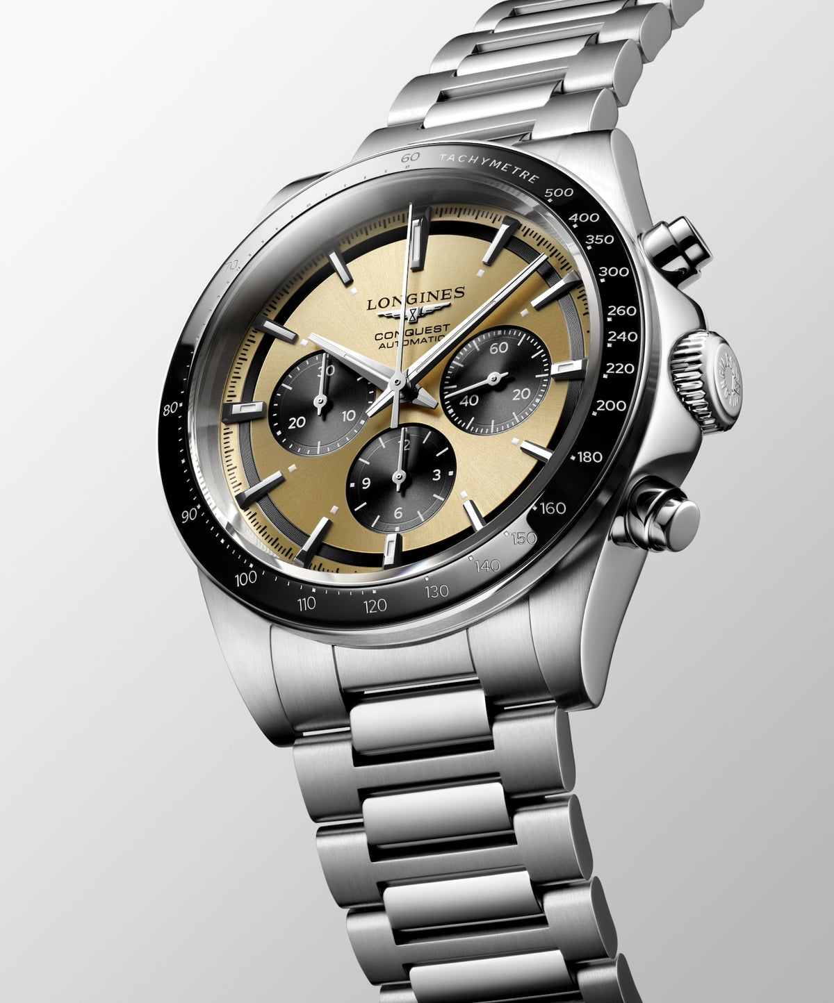 [SIMCHA-TOP500:LONGINES:L3.835.4.32.6:06] CONQUEST CHRONOGRAPH L3.835.4.32.6 Automatic, Stainless steel and ceramic bezel, Sunray Gilt, Bracelet Watch - Watch face