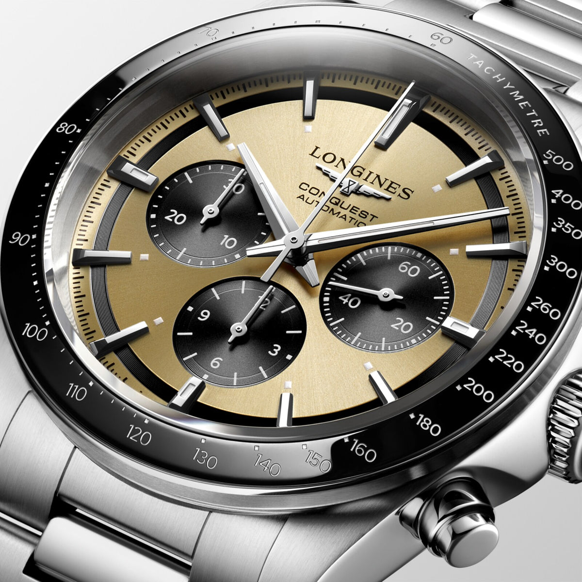 [SIMCHA-TOP500:LONGINES:L3.835.4.32.6:02] CONQUEST CHRONOGRAPH L3.835.4.32.6 Automatic, Stainless steel and ceramic bezel, Sunray Gilt, Bracelet Watch - Face close up