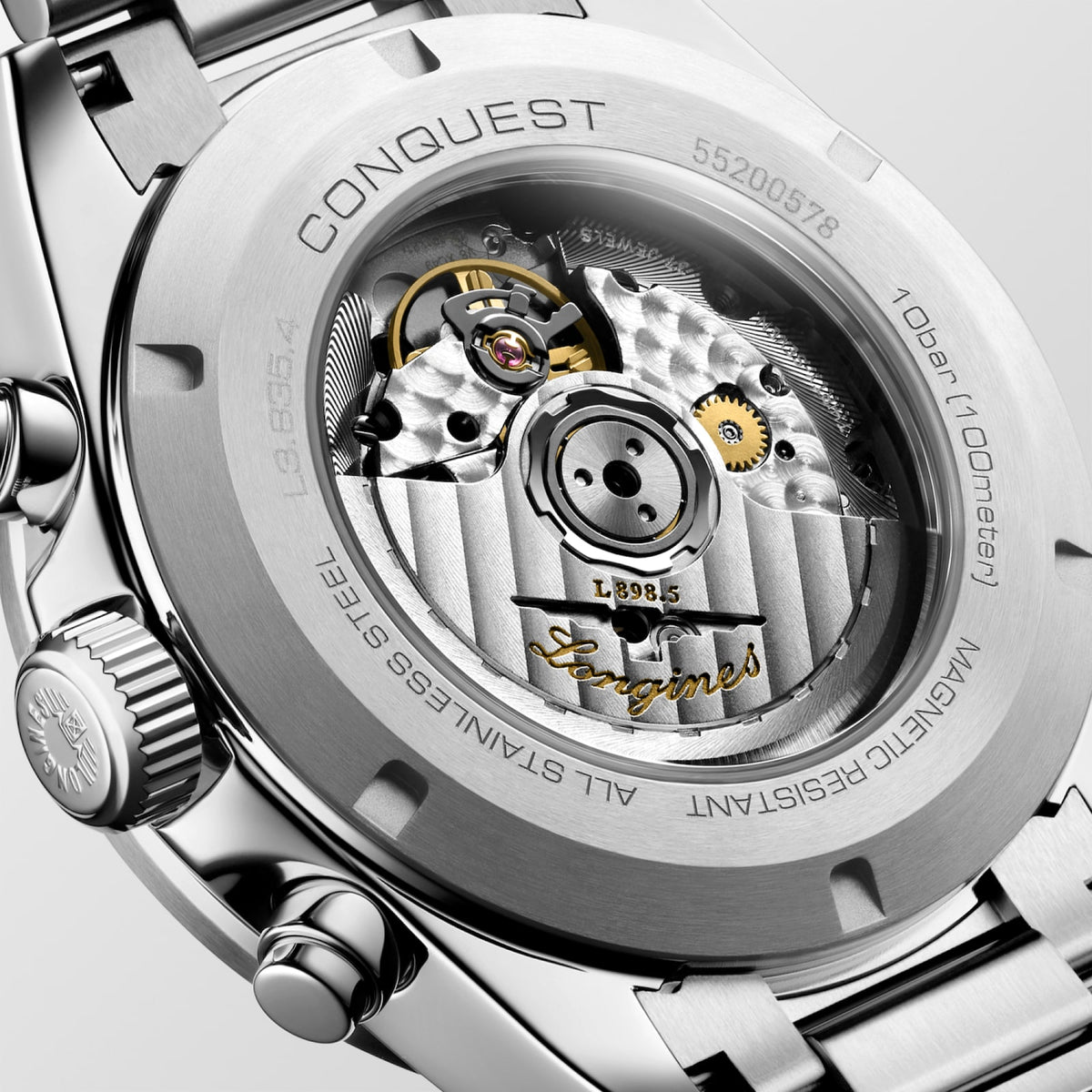 [SIMCHA-TOP500:LONGINES:L3.835.4.32.6:04] CONQUEST CHRONOGRAPH L3.835.4.32.6 Automatic, Stainless steel and ceramic bezel, Sunray Gilt, Bracelet Watch - Back close up