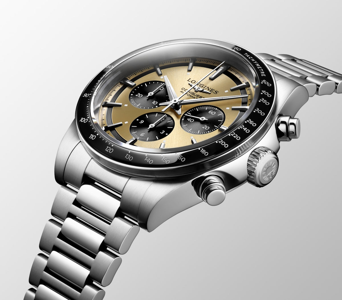[SIMCHA-TOP500:LONGINES:L3.835.4.32.6:10] CONQUEST CHRONOGRAPH L3.835.4.32.6 Automatic, Stainless steel and ceramic bezel, Sunray Gilt, Bracelet Watch - Banner