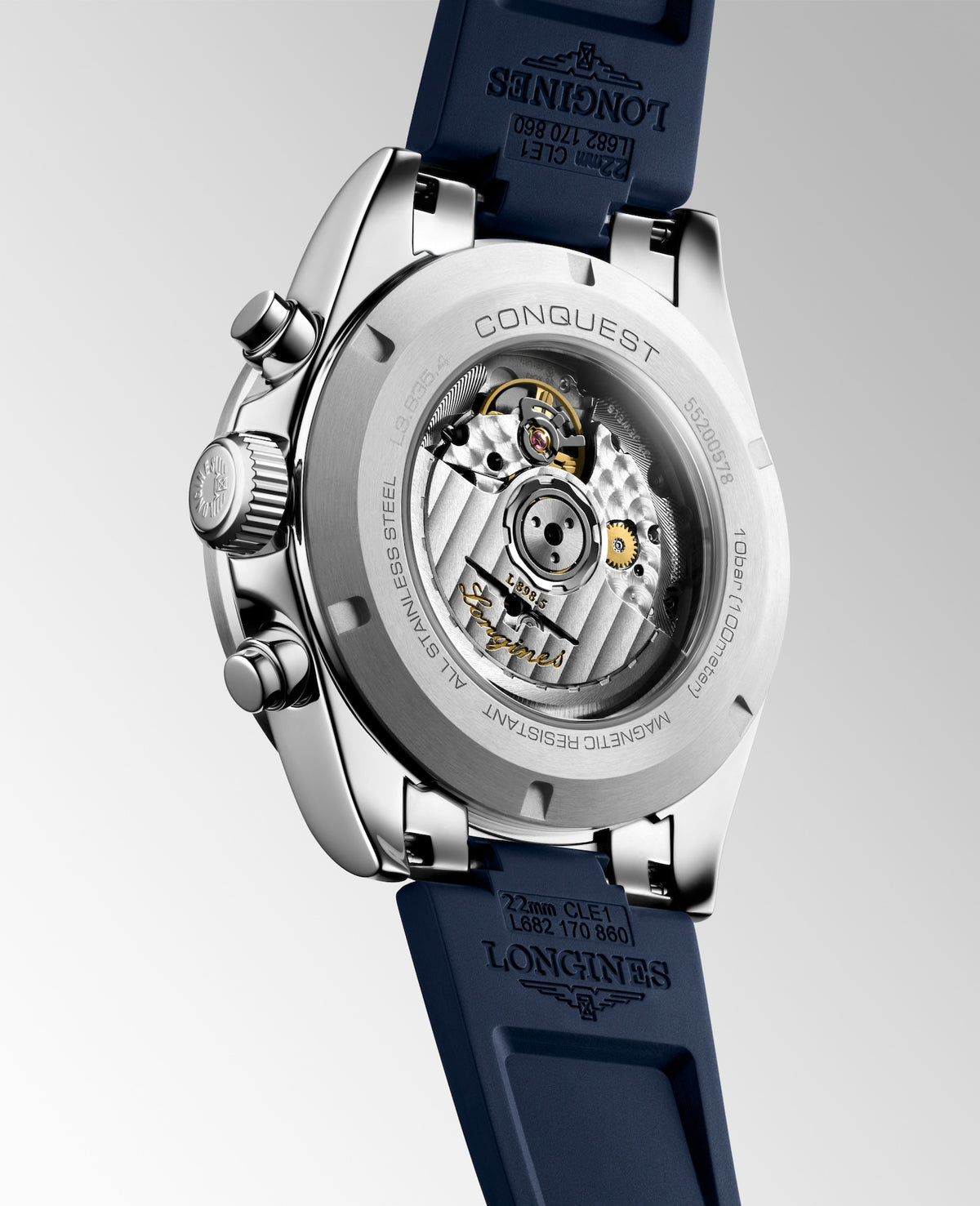 [SIMCHA-TOP500:LONGINES:L3.835.4.98.9:05] CONQUEST CHRONOGRAPH L3.835.4.98.9 Automatic, Stainless steel and ceramic bezel, Silver matt with blue counters, Strap Watch - Watch back