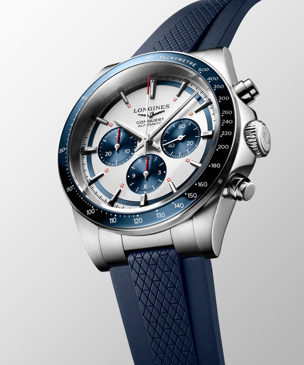 [SIMCHA-TOP500:LONGINES:L3.835.4.98.9:04] CONQUEST CHRONOGRAPH L3.835.4.98.9 Automatic, Stainless steel and ceramic bezel, Silver matt with blue counters, Strap Watch - Watch face