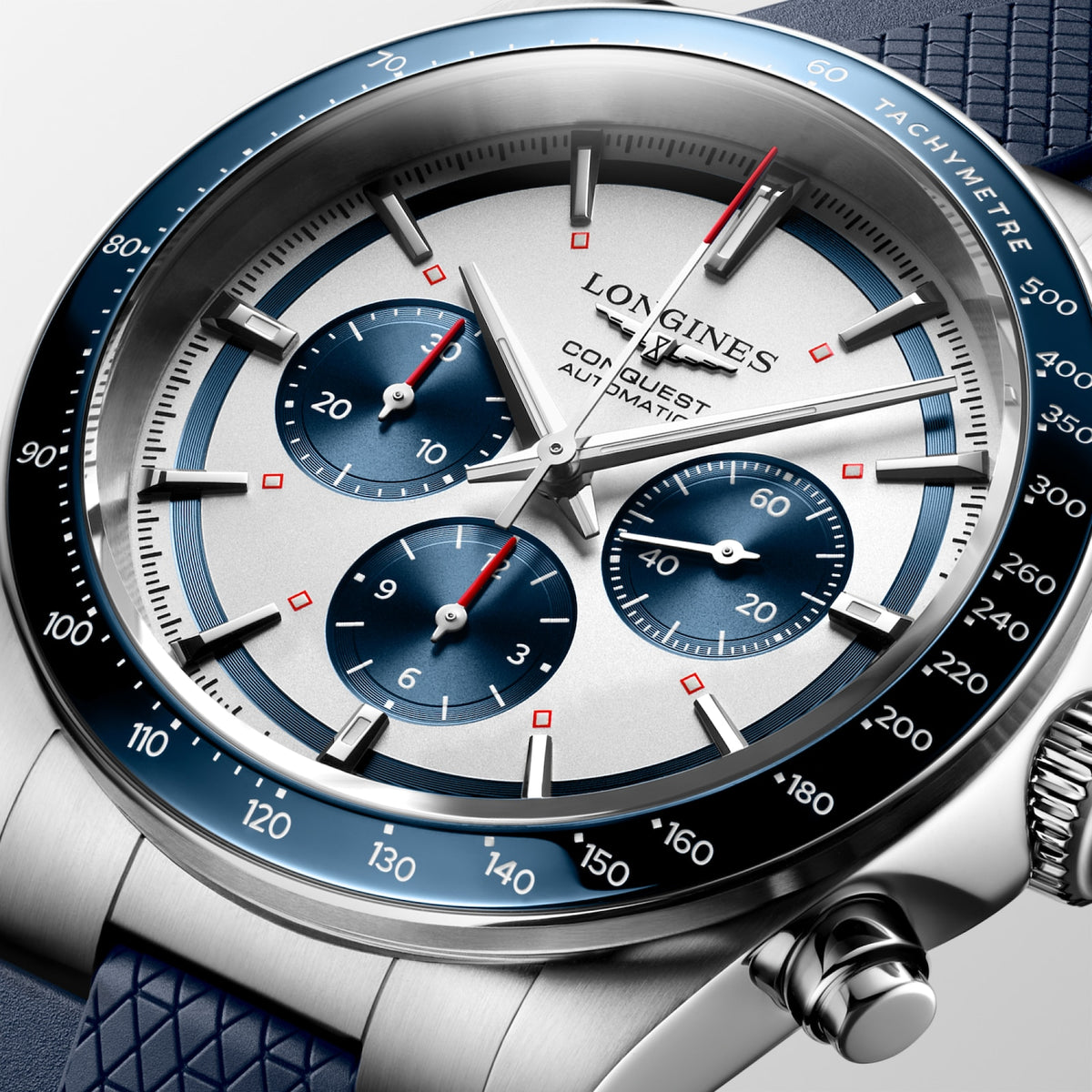 [SIMCHA-TOP500:LONGINES:L3.835.4.98.9:02] CONQUEST CHRONOGRAPH L3.835.4.98.9 Automatic, Stainless steel and ceramic bezel, Silver matt with blue counters, Strap Watch - Face close up