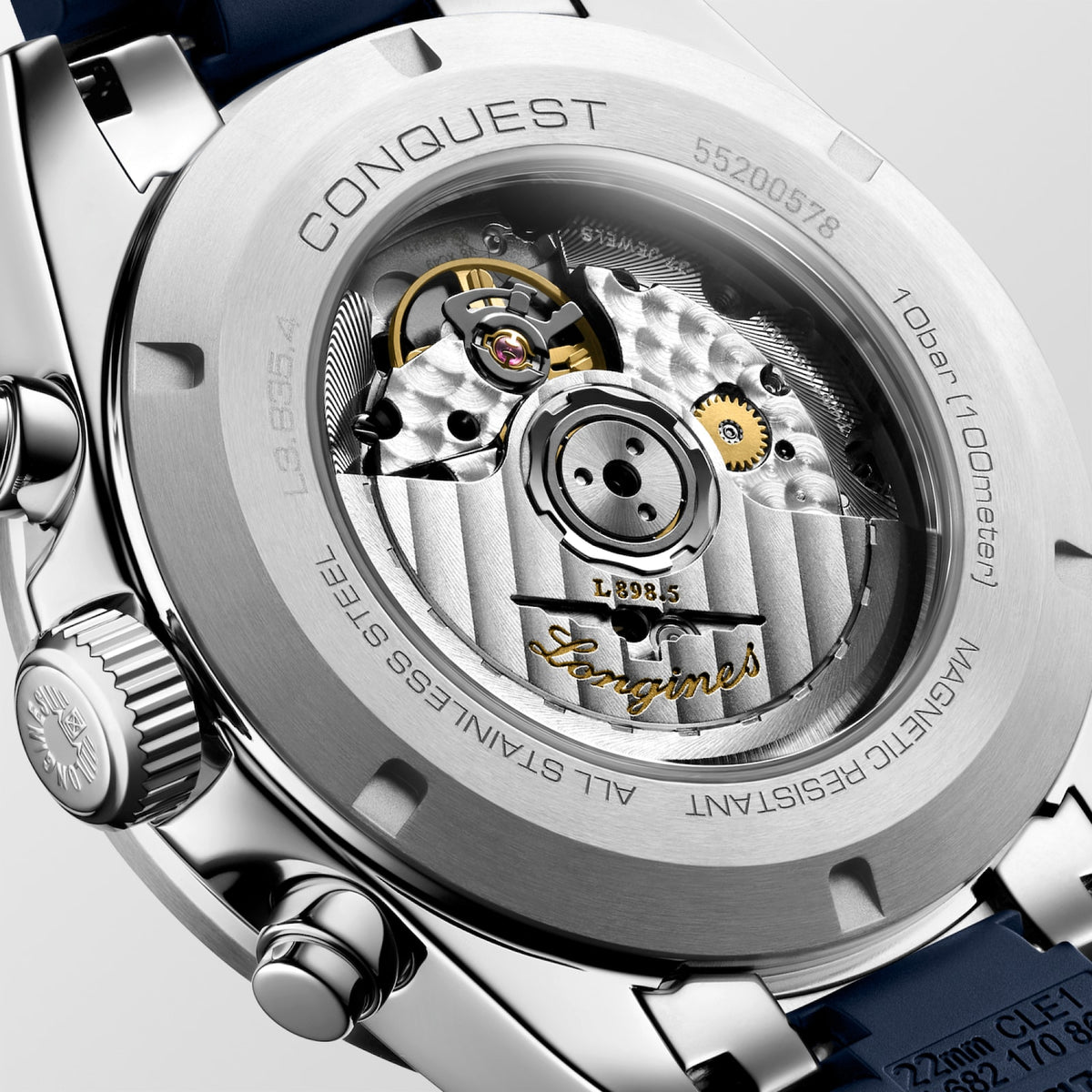 [SIMCHA-TOP500:LONGINES:L3.835.4.98.9:03] CONQUEST CHRONOGRAPH L3.835.4.98.9 Automatic, Stainless steel and ceramic bezel, Silver matt with blue counters, Strap Watch - Back close up