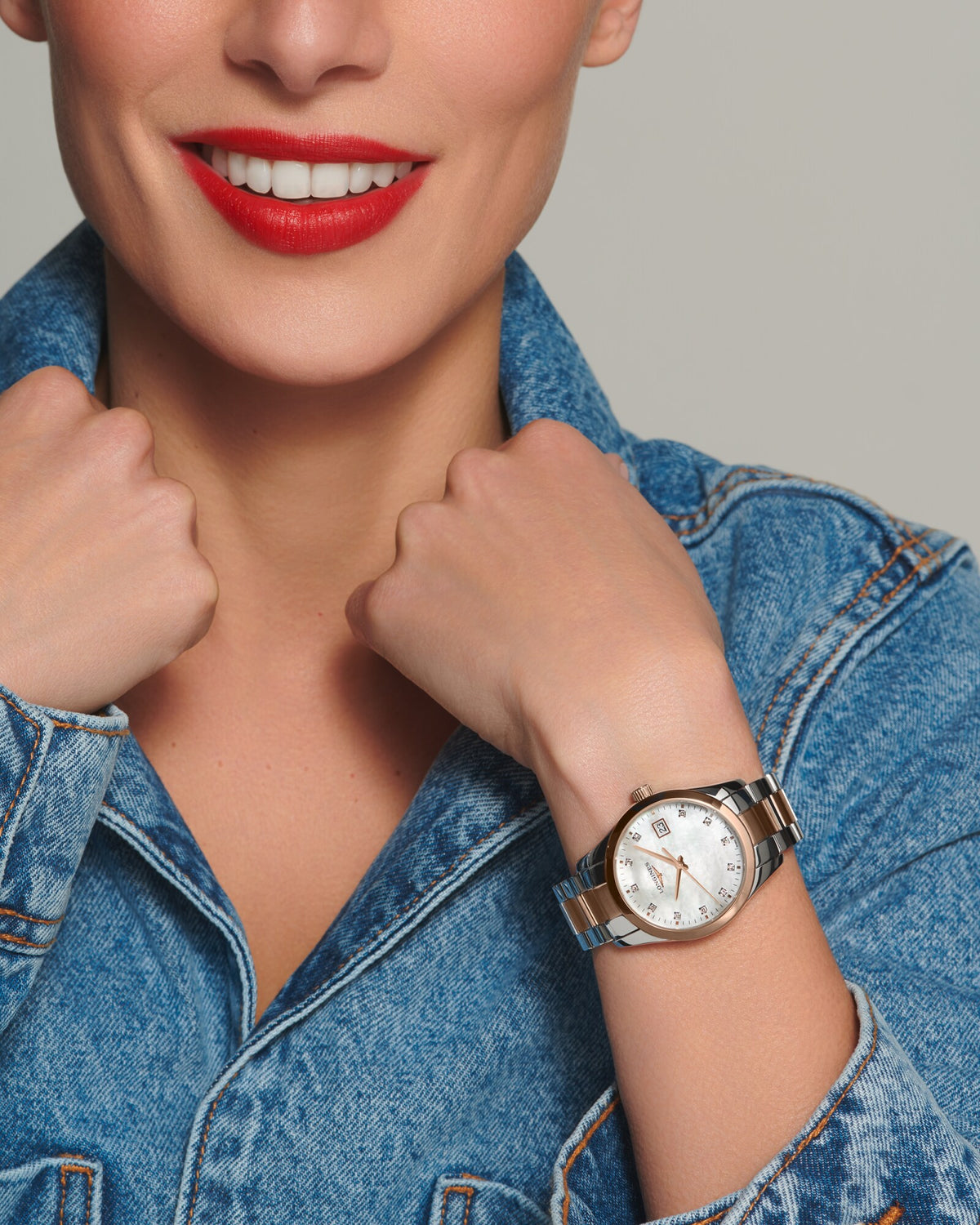 [SIMCHA-OFFICIAL-GALLERY:L2.386.3.87.7:07] Longines Conquest Classic 34.00mm Quartz White mother-of-pearl Dial Red Stainless Steel Bracelet Watch — official gallery view 7