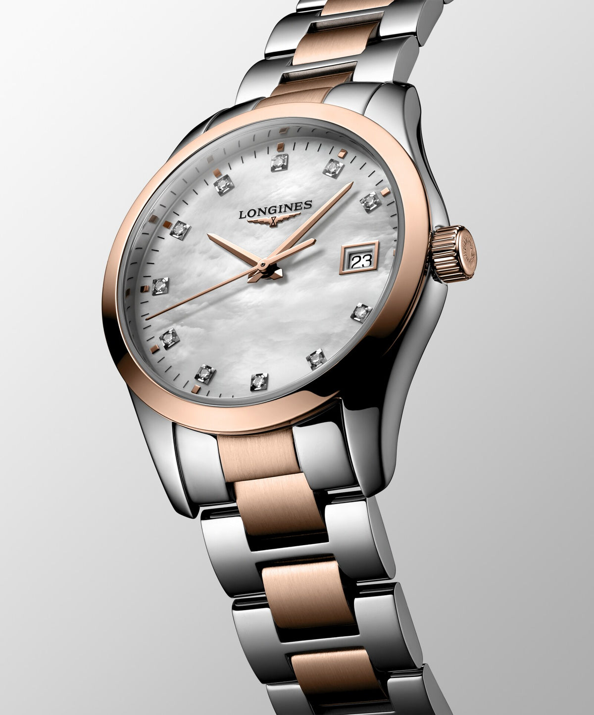 [SIMCHA-OFFICIAL-GALLERY:L2.386.3.87.7:02] Longines Conquest Classic 34.00mm Quartz White mother-of-pearl Dial Red Stainless Steel Bracelet Watch — official gallery view 2