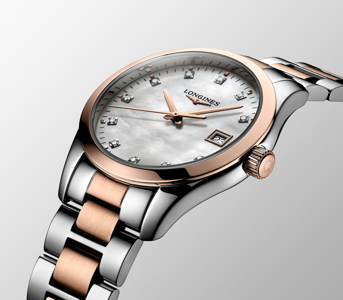 [SIMCHA-OFFICIAL-GALLERY:L2.386.3.87.7:06] Longines Conquest Classic 34.00mm Quartz White mother-of-pearl Dial Red Stainless Steel Bracelet Watch — official gallery view 6