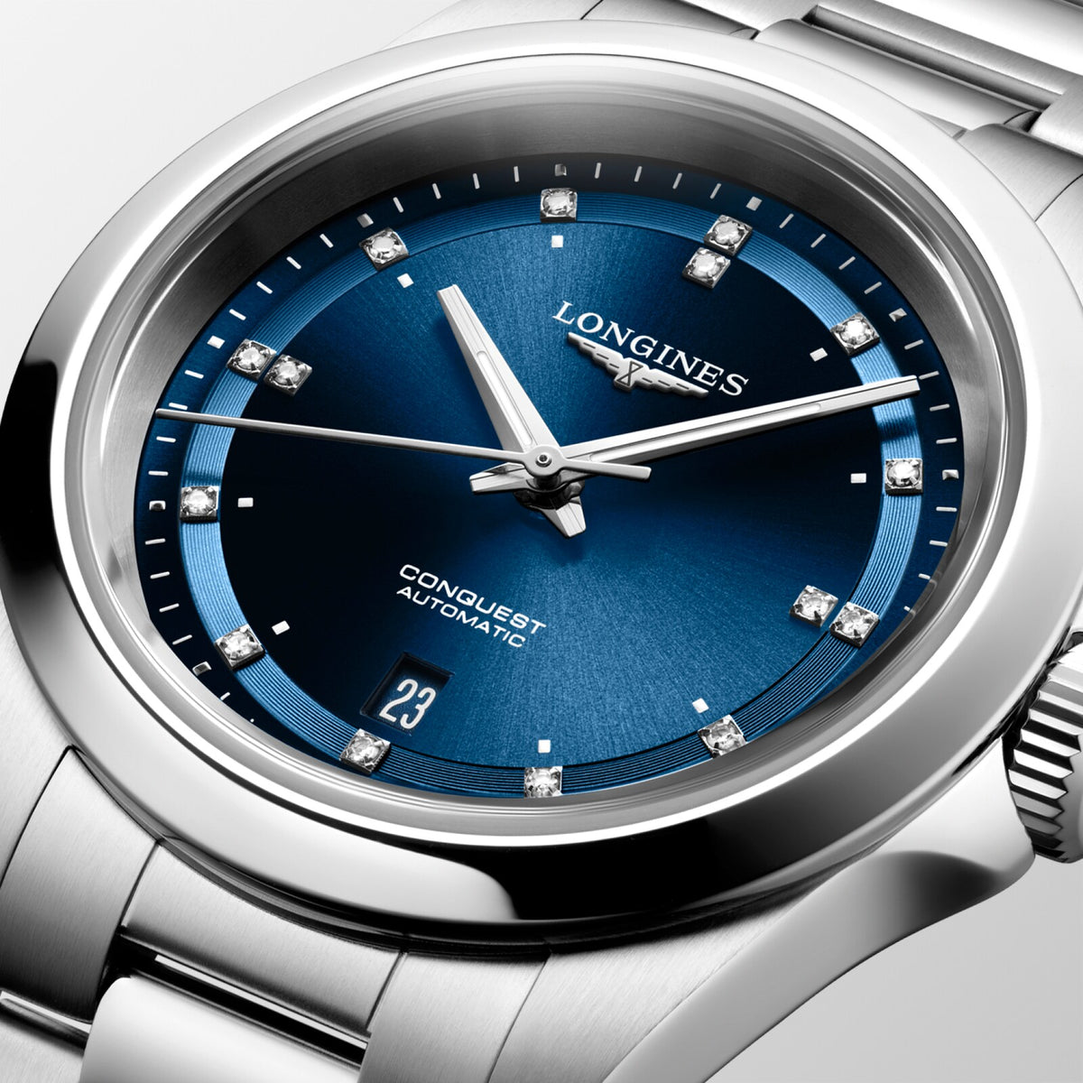 [SIMCHA-OFFICIAL-GALLERY:L3.320.4.97.6:02] Longines Conquest 30.00mm Automatic Sunray blue Dial Stainless Steel Bracelet Watch — official gallery view 2