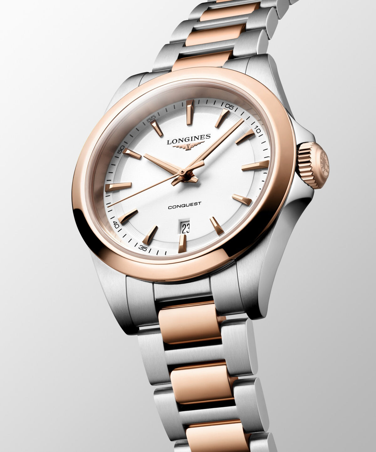 [SIMCHA-OFFICIAL-GALLERY:L3.350.3.18.7:04] Longines Conquest 30.00mm Quartz White sandblasted Dial Red Stainless Steel Bracelet Watch — official gallery view 4