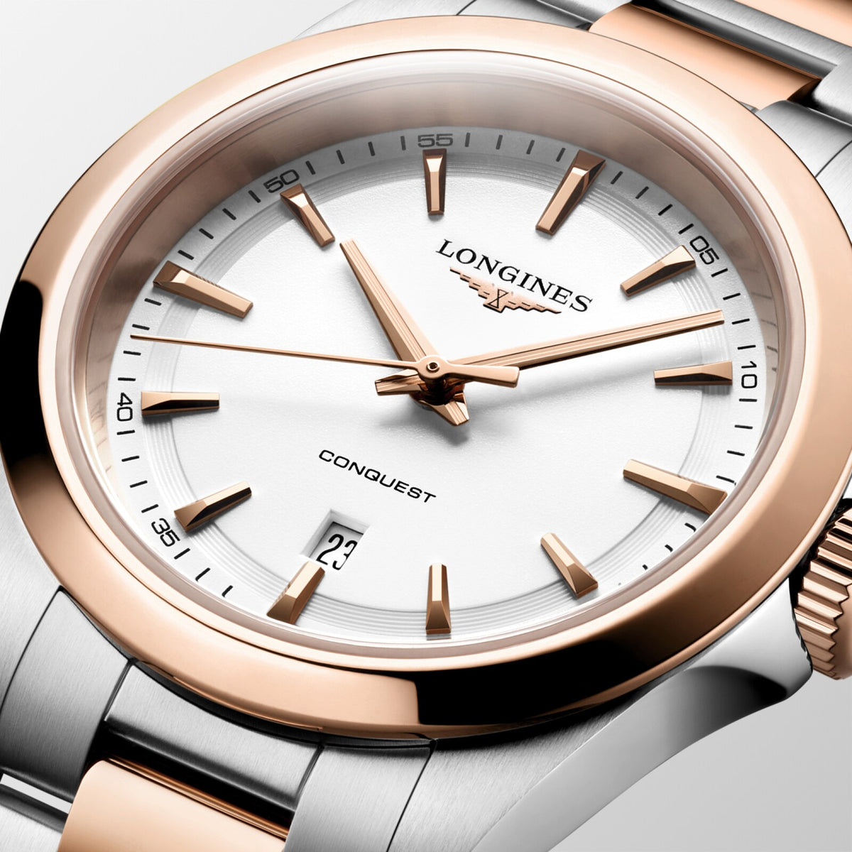 [SIMCHA-OFFICIAL-GALLERY:L3.350.3.18.7:02] Longines Conquest 30.00mm Quartz White sandblasted Dial Red Stainless Steel Bracelet Watch — official gallery view 2