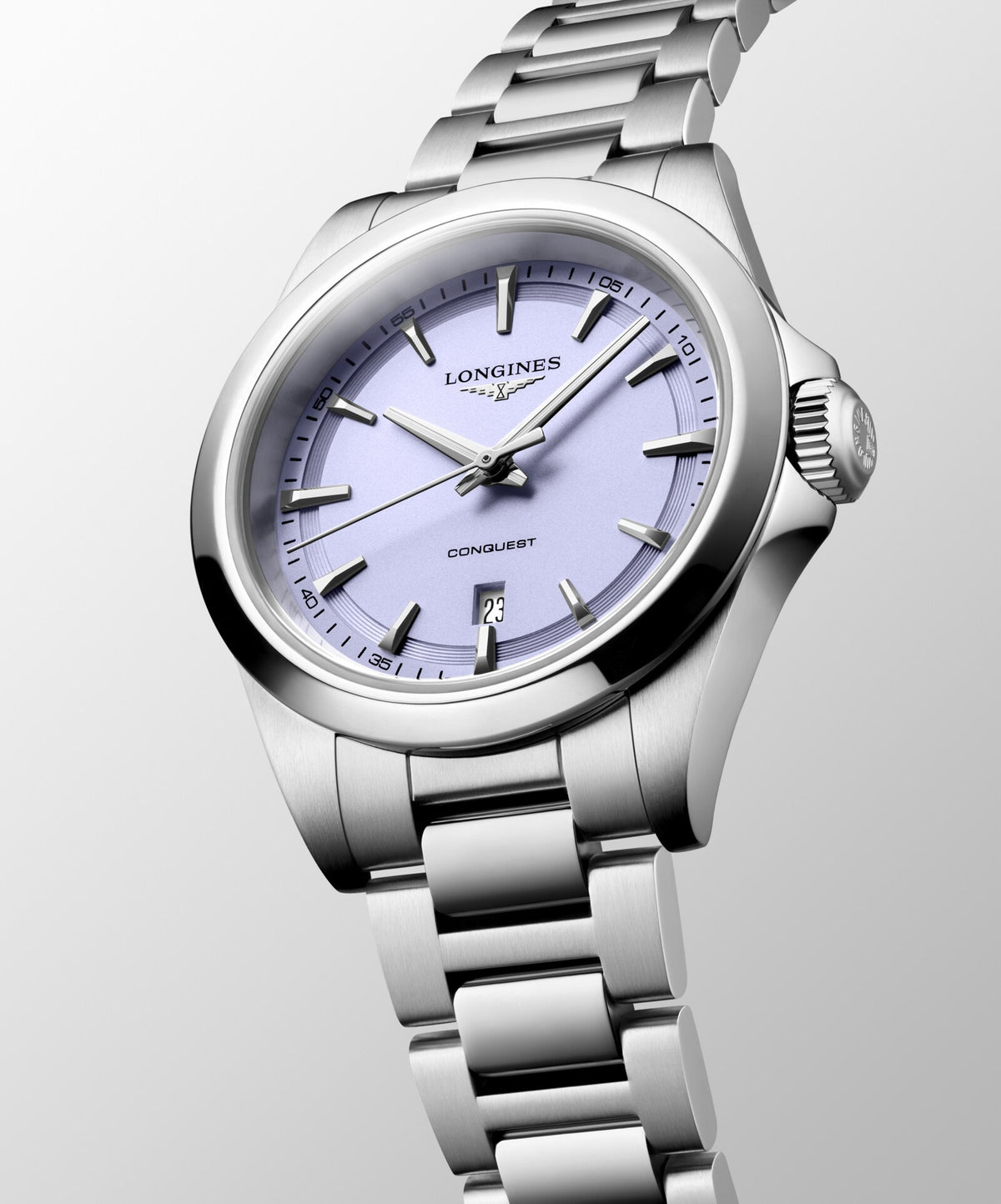 [SIMCHA-OFFICIAL-GALLERY:L3.350.4.02.6:02] Longines Conquest 30.00mm Quartz Lavender mauve sandblasted Dial Stainless Steel Bracelet Watch — official gallery view 2