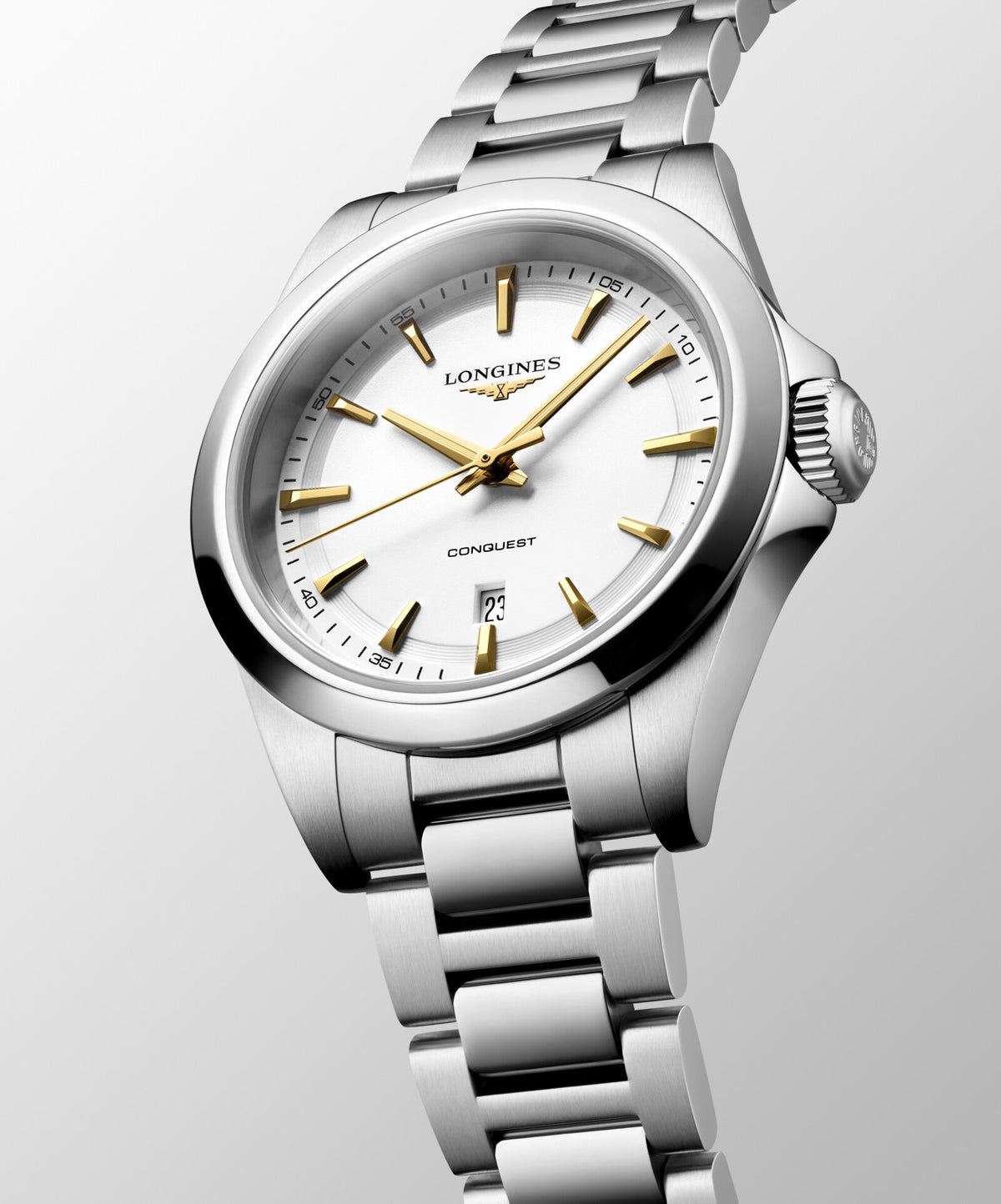 [SIMCHA-OFFICIAL-GALLERY:L3.350.4.12.6:04] Longines Conquest 30.00mm Quartz White sandblasted Dial Stainless Steel Bracelet Watch — official gallery view 4