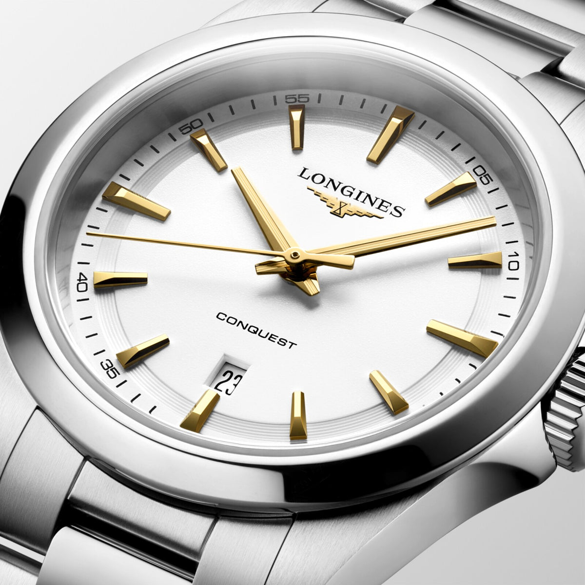 [SIMCHA-OFFICIAL-GALLERY:L3.350.4.12.6:02] Longines Conquest 30.00mm Quartz White sandblasted Dial Stainless Steel Bracelet Watch — official gallery view 2
