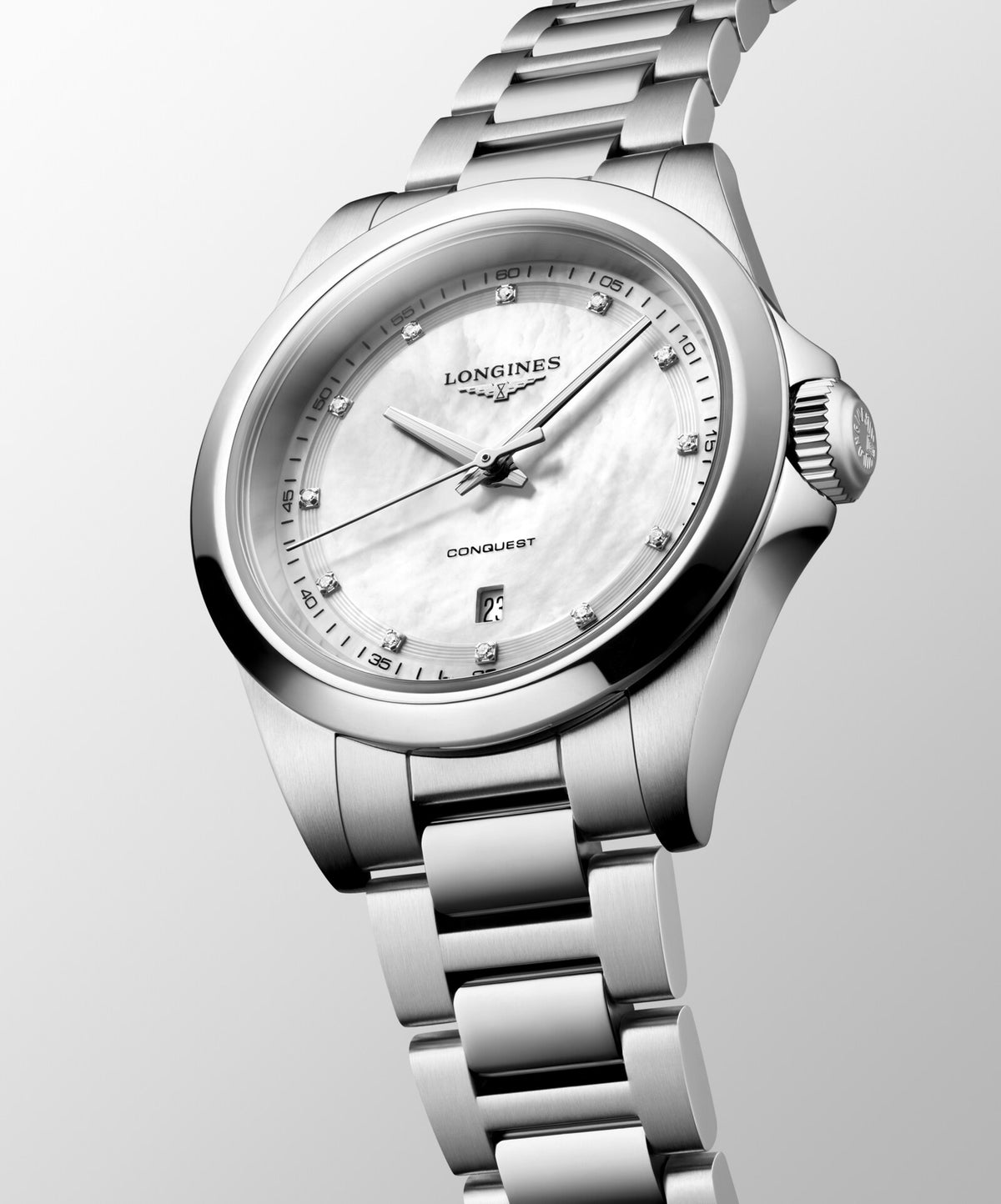 [SIMCHA-OFFICIAL-GALLERY:L3.350.4.87.6:04] Longines Conquest 30.00mm Quartz White mother-of-pearl Dial Stainless Steel Bracelet Watch — official gallery view 4