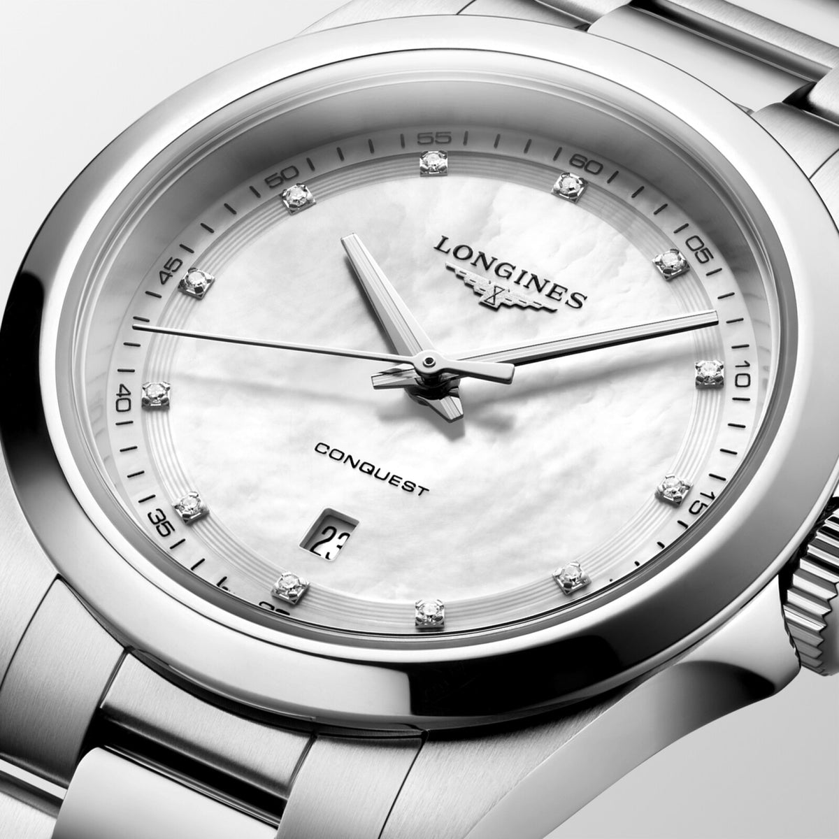 [SIMCHA-OFFICIAL-GALLERY:L3.350.4.87.6:02] Longines Conquest 30.00mm Quartz White mother-of-pearl Dial Stainless Steel Bracelet Watch — official gallery view 2