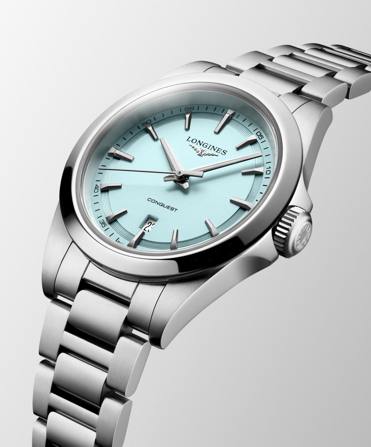 [SIMCHA-OFFICIAL-GALLERY:L3.350.4.92.6:07] Longines Conquest 30.00mm Quartz Mint Blue sandblasted Dial Stainless Steel Bracelet Watch — official gallery view 7