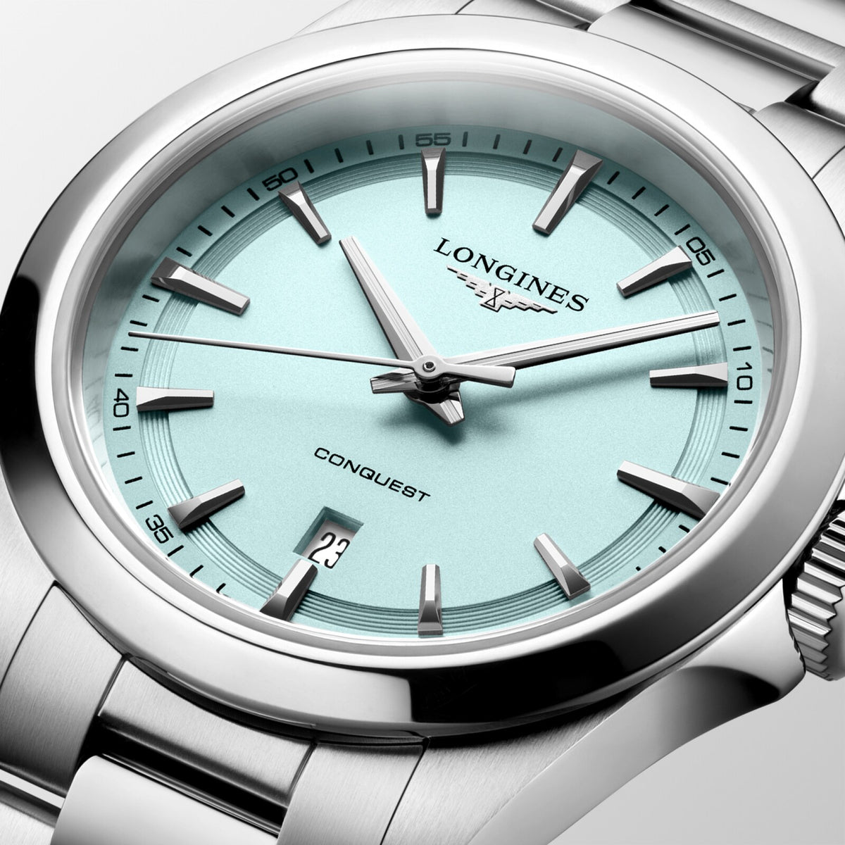 [SIMCHA-OFFICIAL-GALLERY:L3.350.4.92.6:02] Longines Conquest 30.00mm Quartz Mint Blue sandblasted Dial Stainless Steel Bracelet Watch — official gallery view 2