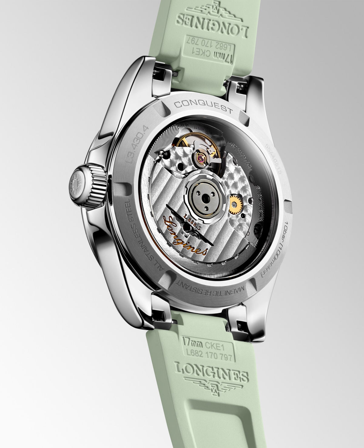 [SIMCHA-OFFICIAL-GALLERY:L3.430.4.02.9:05] Longines Conquest 34.00mm Automatic Sunray green Dial Green Rubber Strap Watch — official gallery view 5