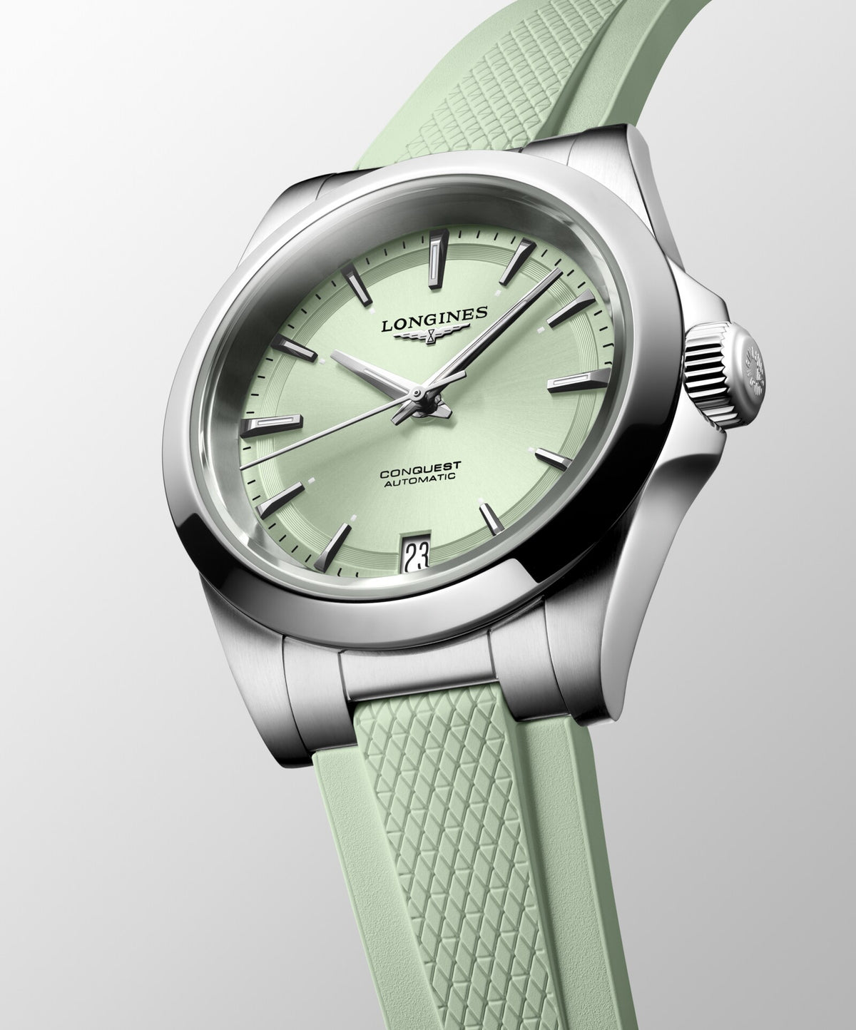 [SIMCHA-OFFICIAL-GALLERY:L3.430.4.02.9:04] Longines Conquest 34.00mm Automatic Sunray green Dial Green Rubber Strap Watch — official gallery view 4