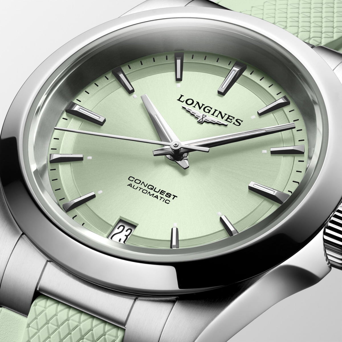 [SIMCHA-OFFICIAL-GALLERY:L3.430.4.02.9:02] Longines Conquest 34.00mm Automatic Sunray green Dial Green Rubber Strap Watch — official gallery view 2