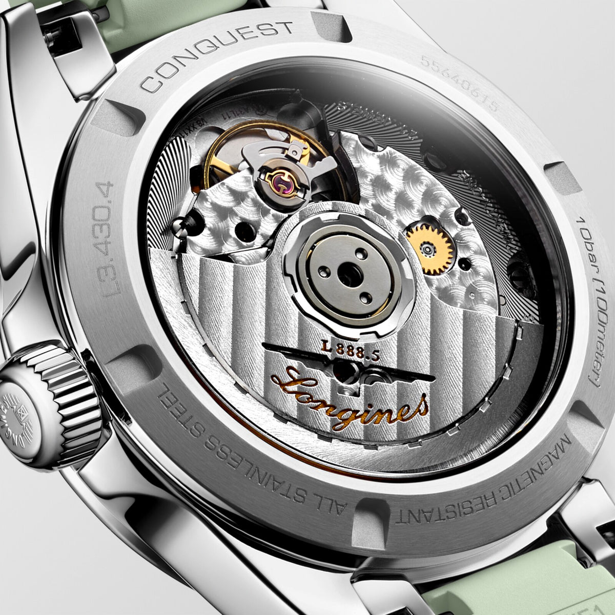 [SIMCHA-OFFICIAL-GALLERY:L3.430.4.02.9:03] Longines Conquest 34.00mm Automatic Sunray green Dial Green Rubber Strap Watch — official gallery view 3