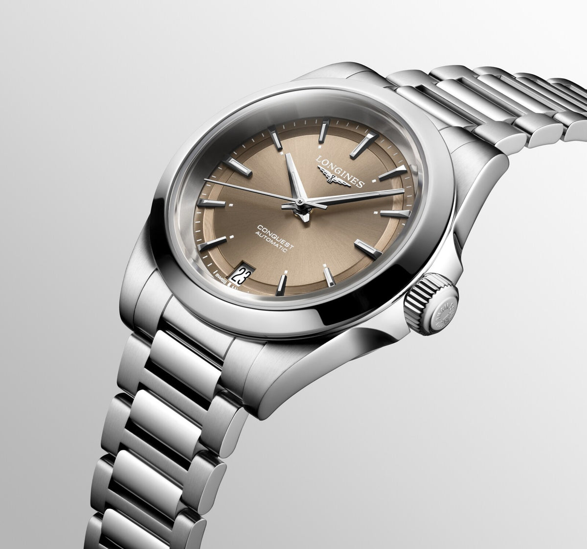 [SIMCHA-OFFICIAL-GALLERY:L3.430.4.62.6:10] Longines Conquest 34.00mm Automatic Sunray brown Dial Stainless Steel Bracelet Watch — official gallery view 10
