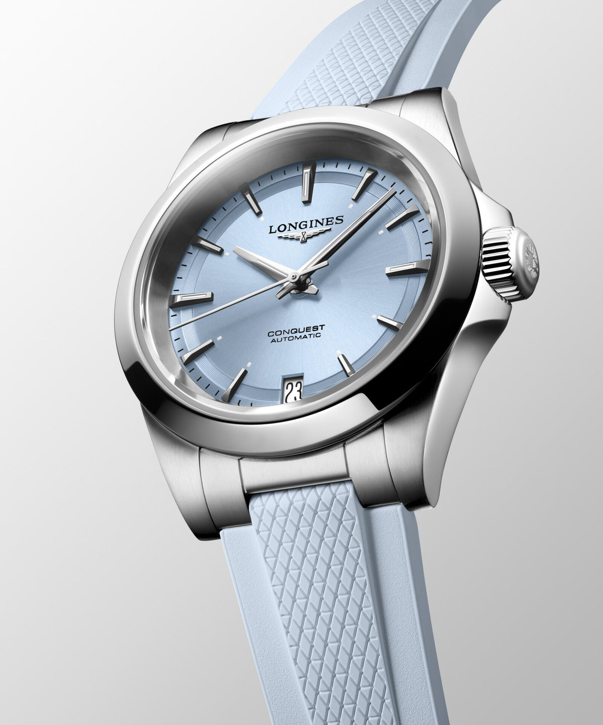 [SIMCHA-OFFICIAL-GALLERY:L3.430.4.92.9:04] Longines Conquest 34.00mm Automatic Sunray blue Dial Blue Rubber Strap Watch — official gallery view 4