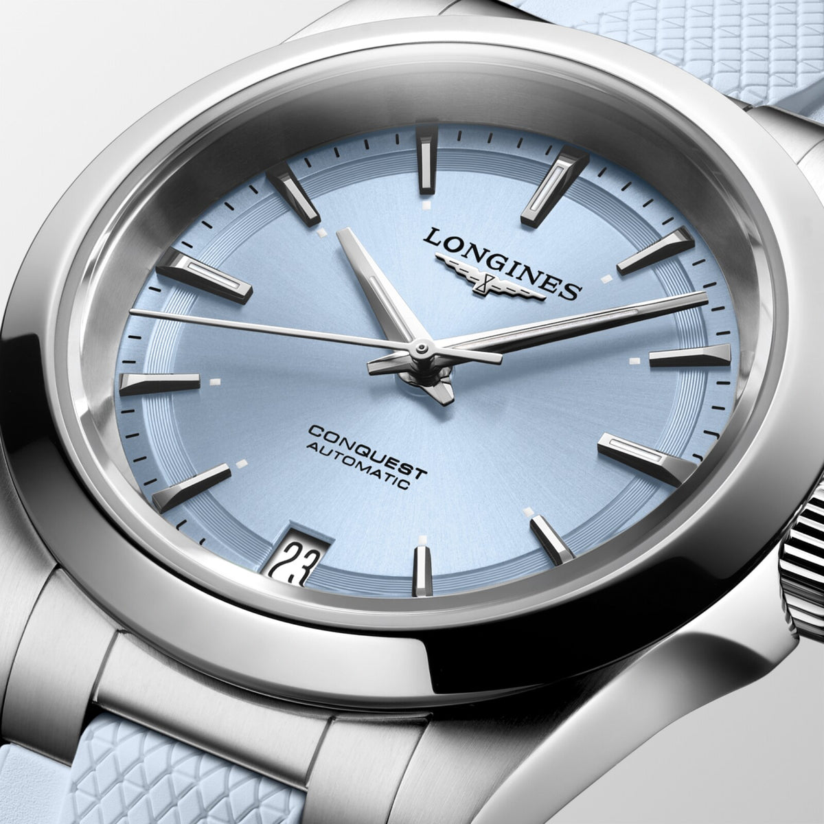[SIMCHA-OFFICIAL-GALLERY:L3.430.4.92.9:02] Longines Conquest 34.00mm Automatic Sunray blue Dial Blue Rubber Strap Watch — official gallery view 2