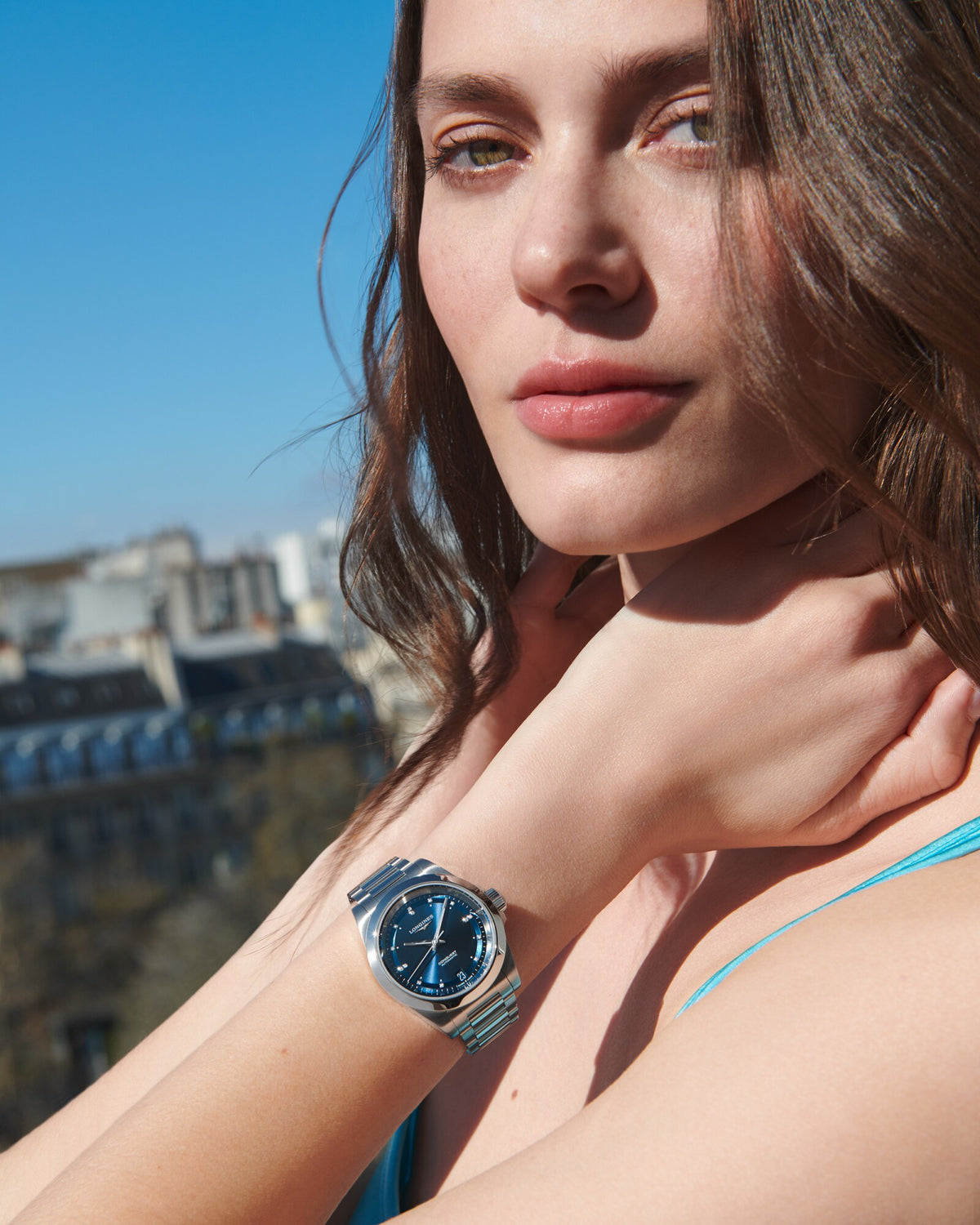 [SIMCHA-OFFICIAL-GALLERY:L3.430.4.97.6:03] Longines Conquest 34.00mm Automatic Sunray blue Swiss Super-LumiNova® Dial Stainless Steel Bracelet Watch — official gallery view 3