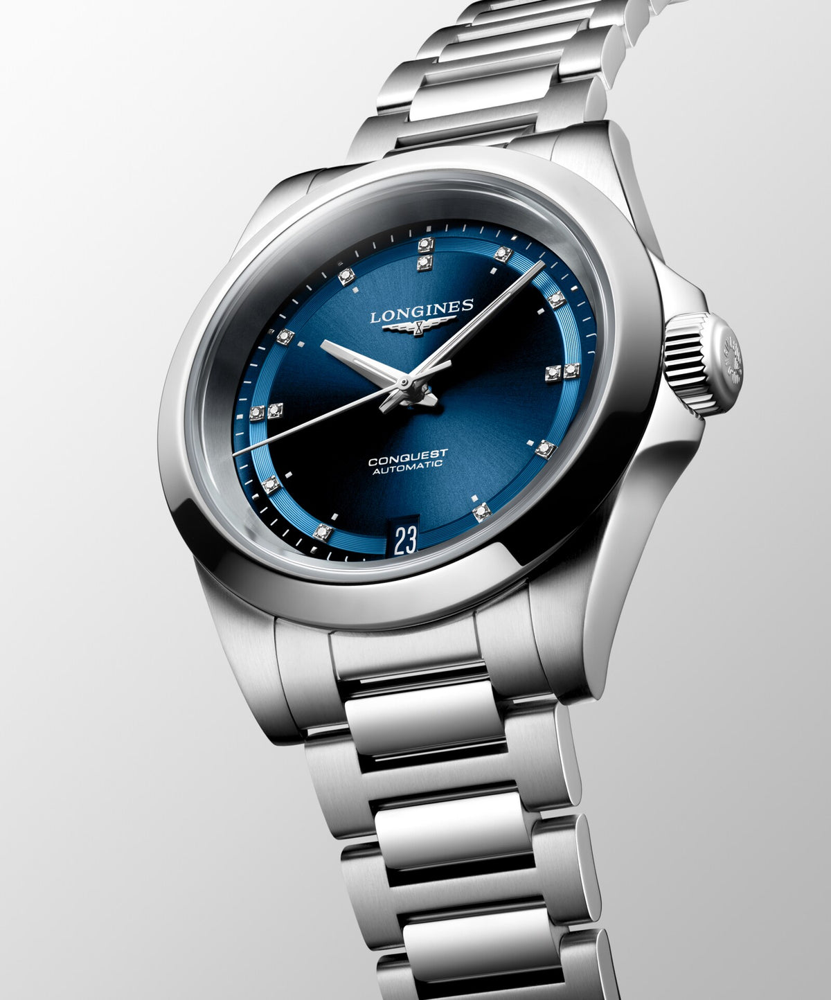 [SIMCHA-OFFICIAL-GALLERY:L3.430.4.97.6:06] Longines Conquest 34.00mm Automatic Sunray blue Swiss Super-LumiNova® Dial Stainless Steel Bracelet Watch — official gallery view 6
