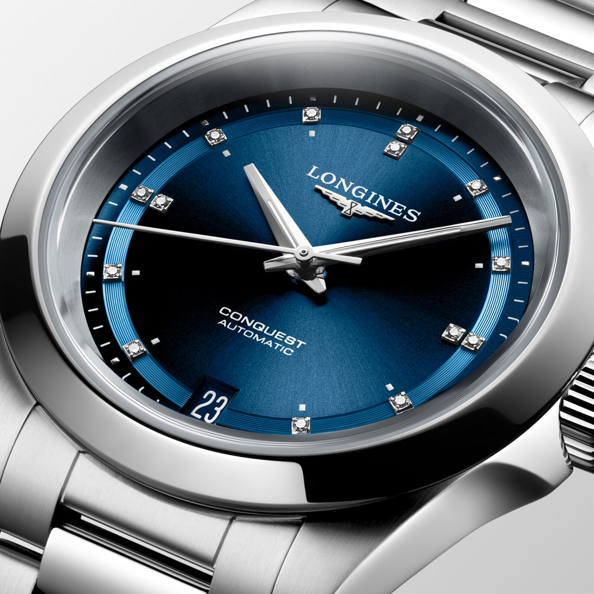 [SIMCHA-OFFICIAL-GALLERY:L3.430.4.97.6:02] Longines Conquest 34.00mm Automatic Sunray blue Swiss Super-LumiNova® Dial Stainless Steel Bracelet Watch — official gallery view 2
